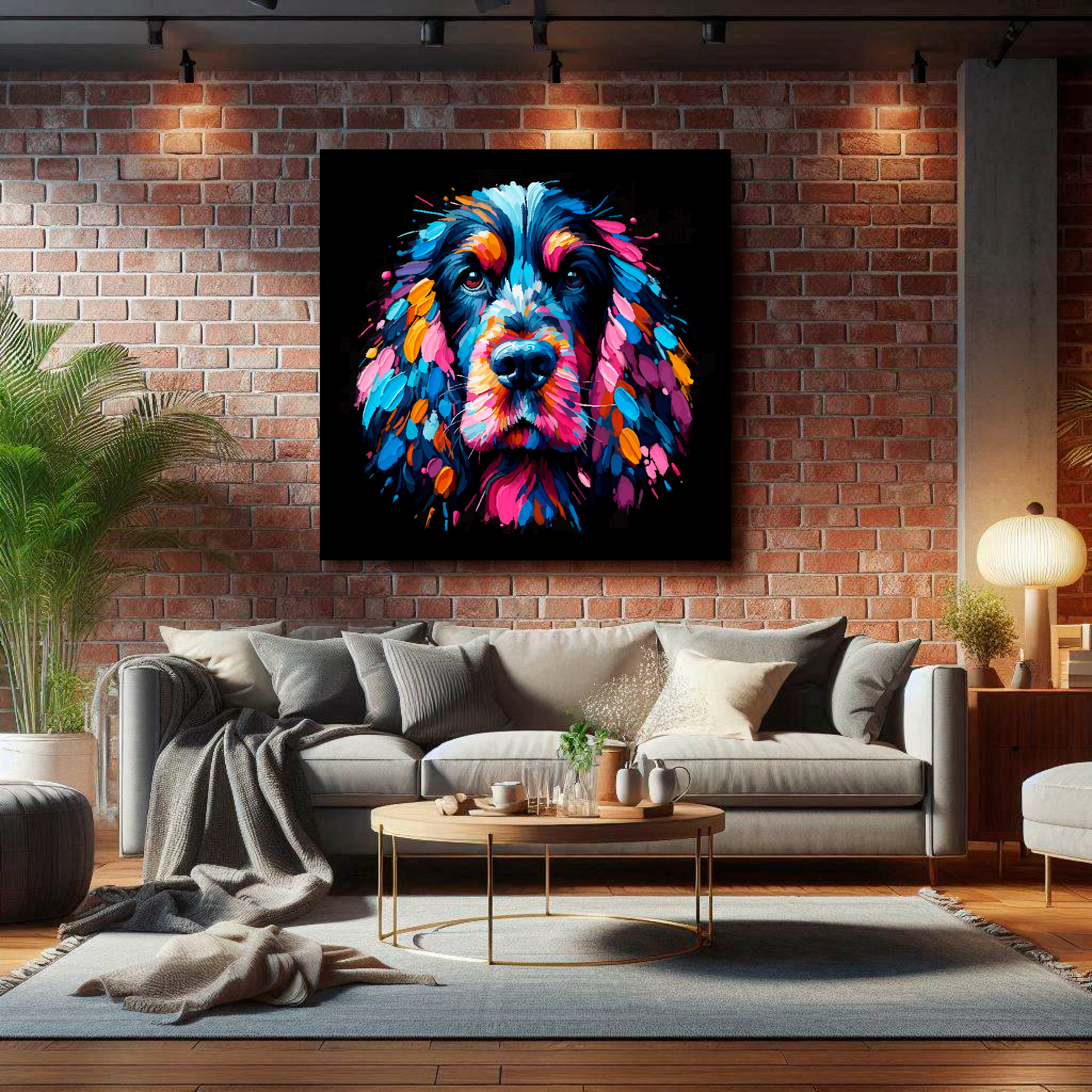 Large Black Cocker Spaniel canvas on brick wall above grey sofa - bold dog portrait UK living room