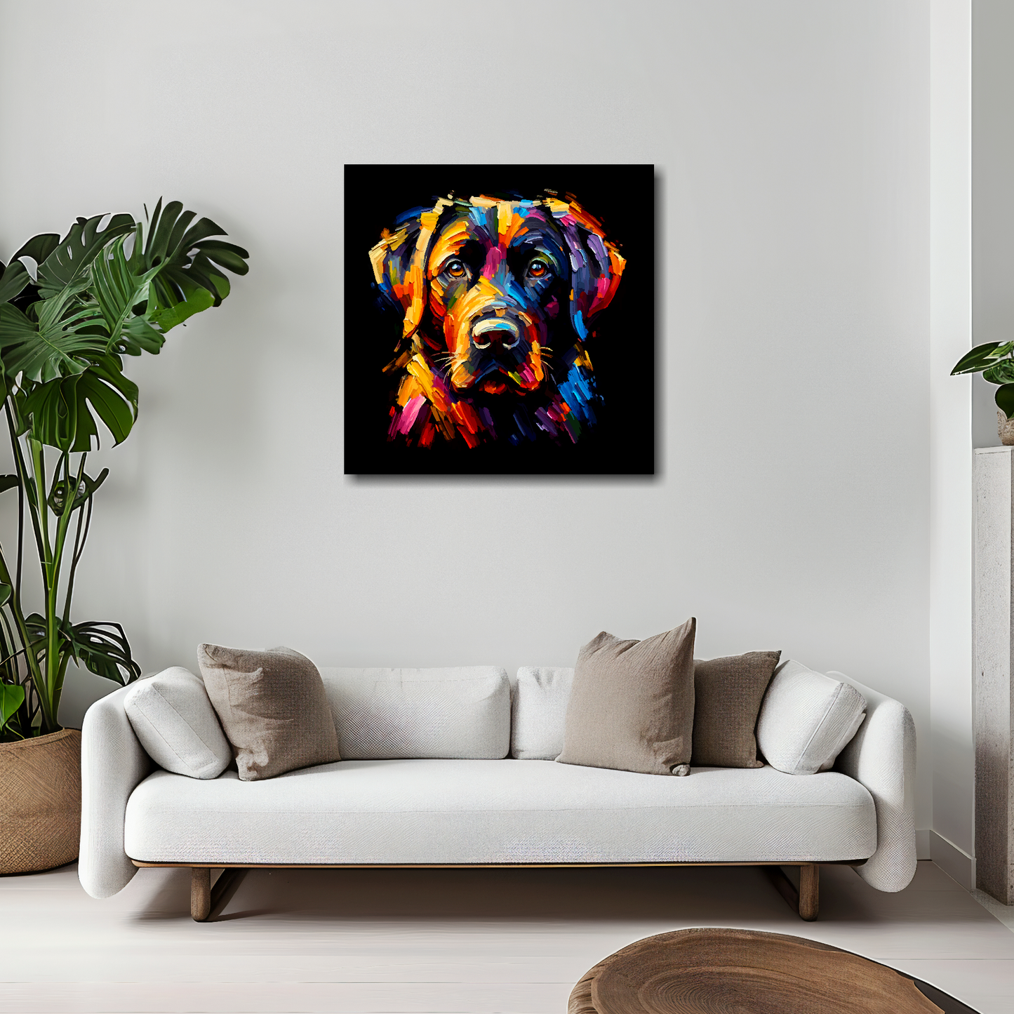 Black Labrador canvas 20x20 inches above white sofa - vibrant dog portrait wall art UK
