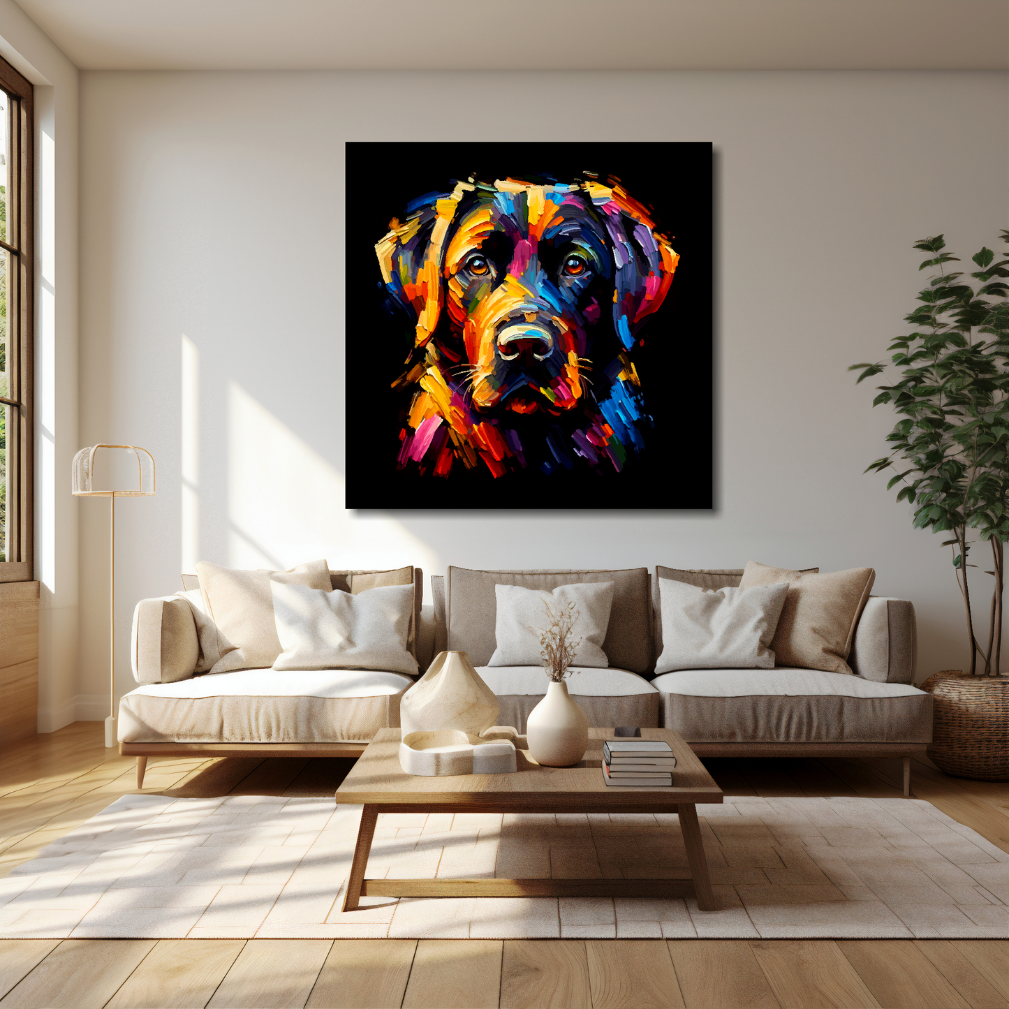 Black Labrador canvas 40x40 inches above cream sofa - XL vibrant dog wall art UK