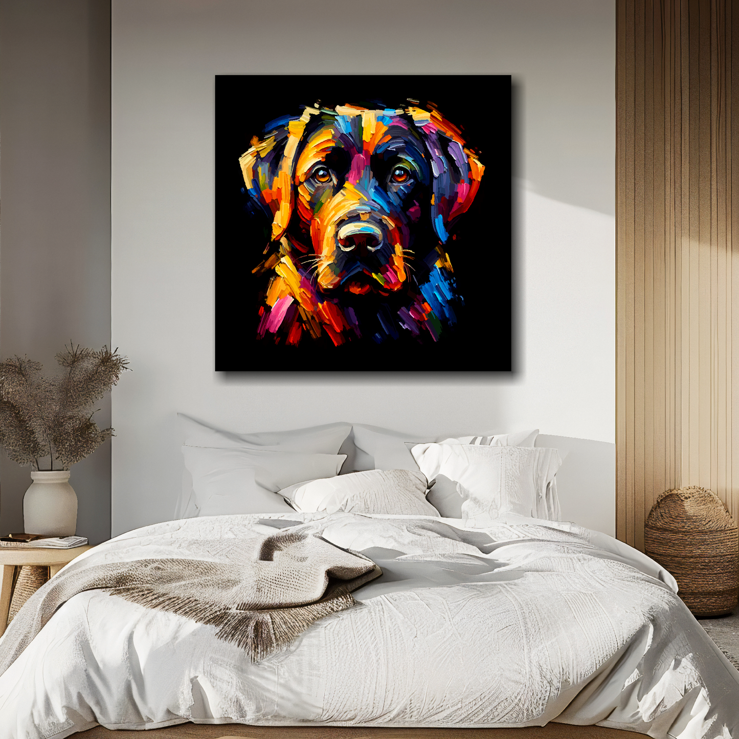 Black Labrador portrait canvas above bed - colourful dog wall decor for UK bedrooms