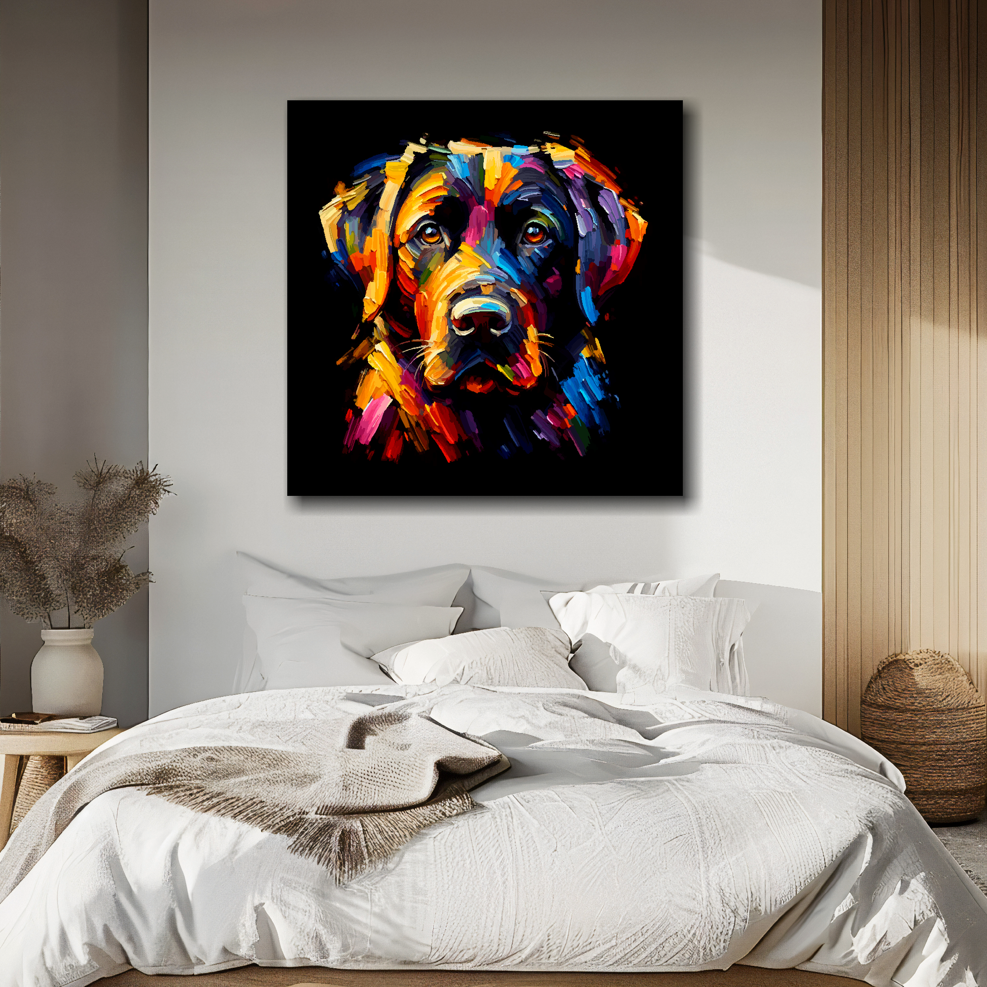 Black Labrador portrait canvas above bed - colourful dog wall decor for UK bedrooms