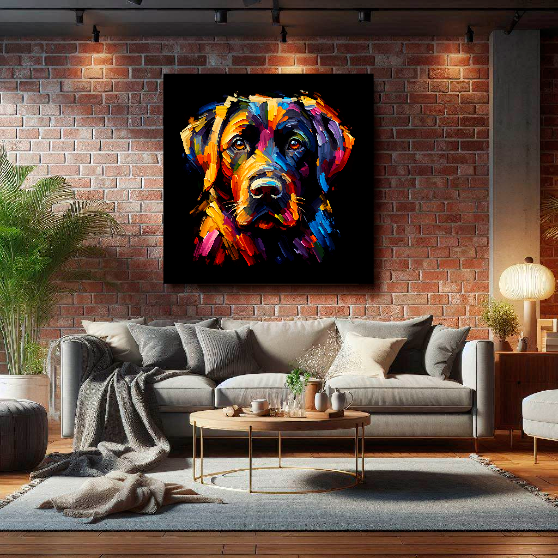 Large Black Labrador canvas on brick wall above grey sofa - bold dog portrait UK living room