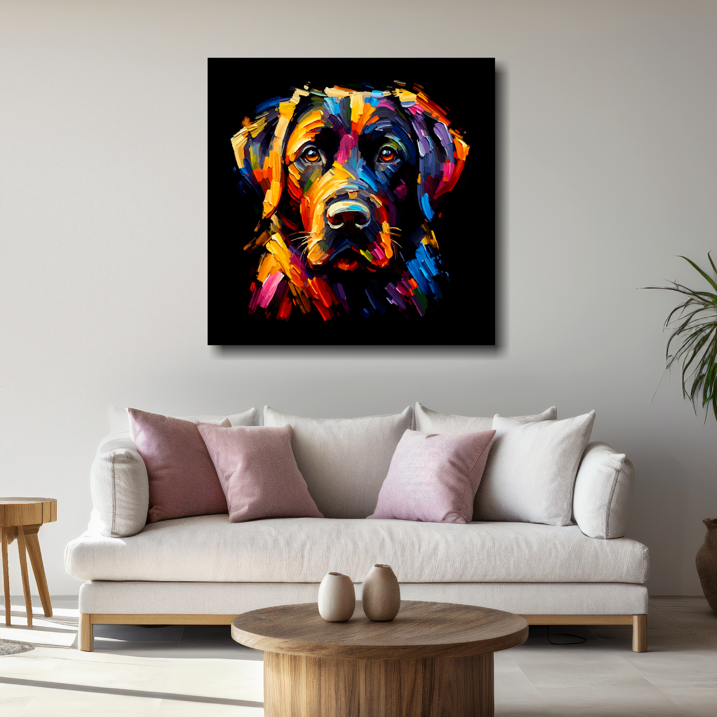 Large Black Labrador canvas above white sofa - vibrant abstract dog portrait wall art UK