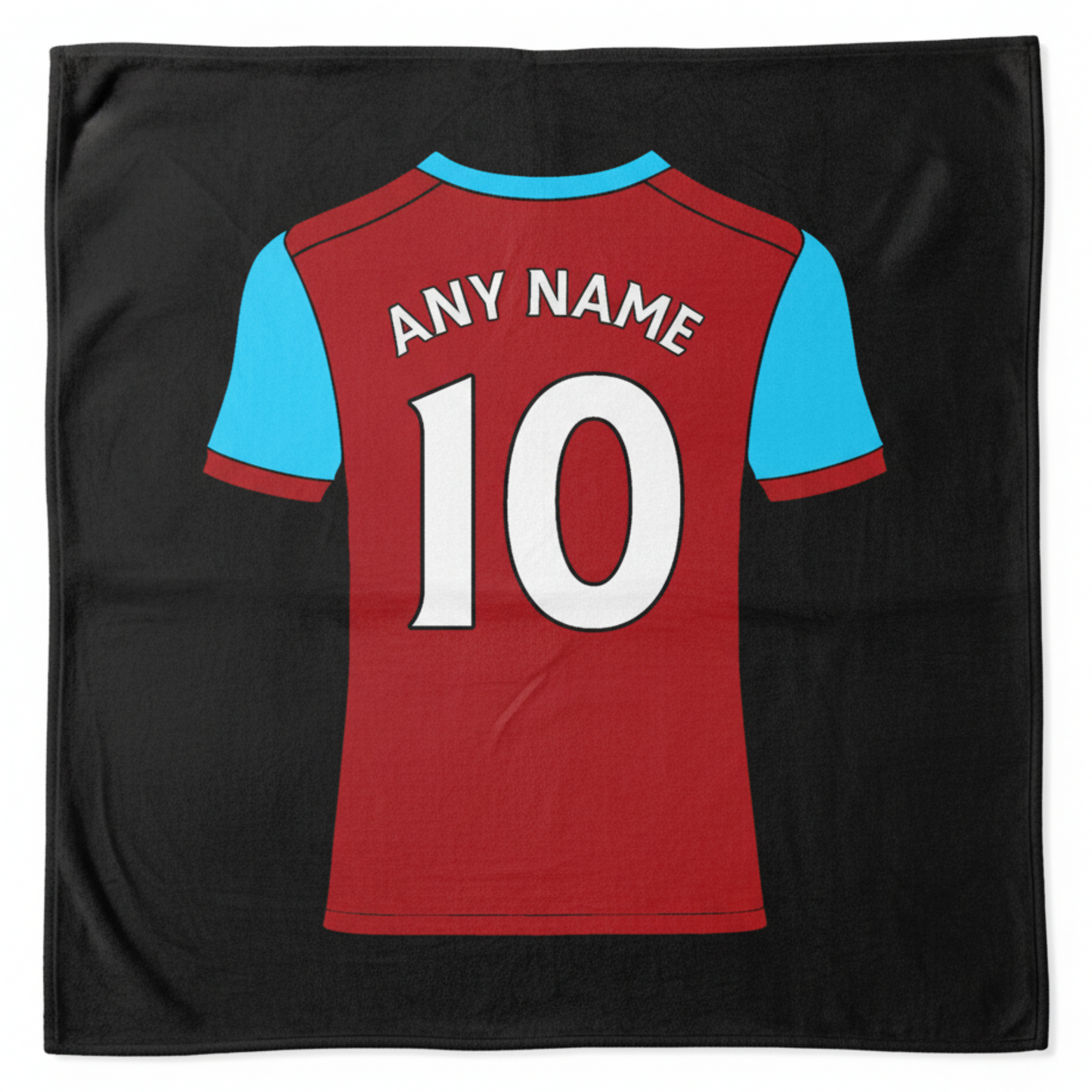 Personalised West Ham football shirt on a fleece blanket. Made in the UK.