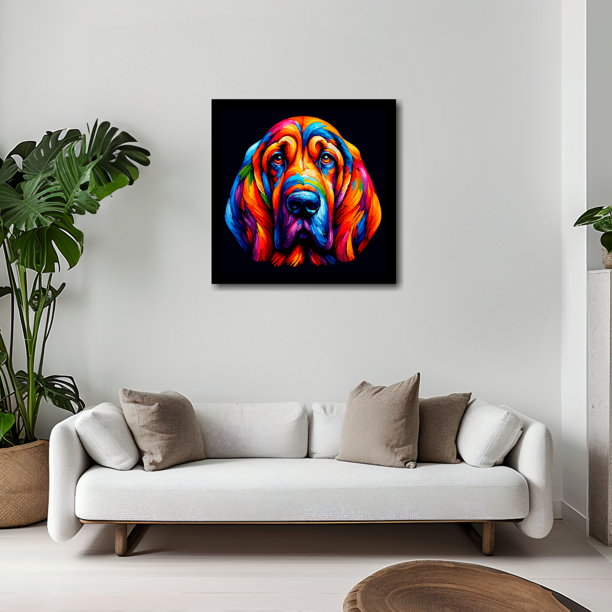 Bloodhound canvas 20x20 inches above white sofa - vibrant dog portrait wall art UK