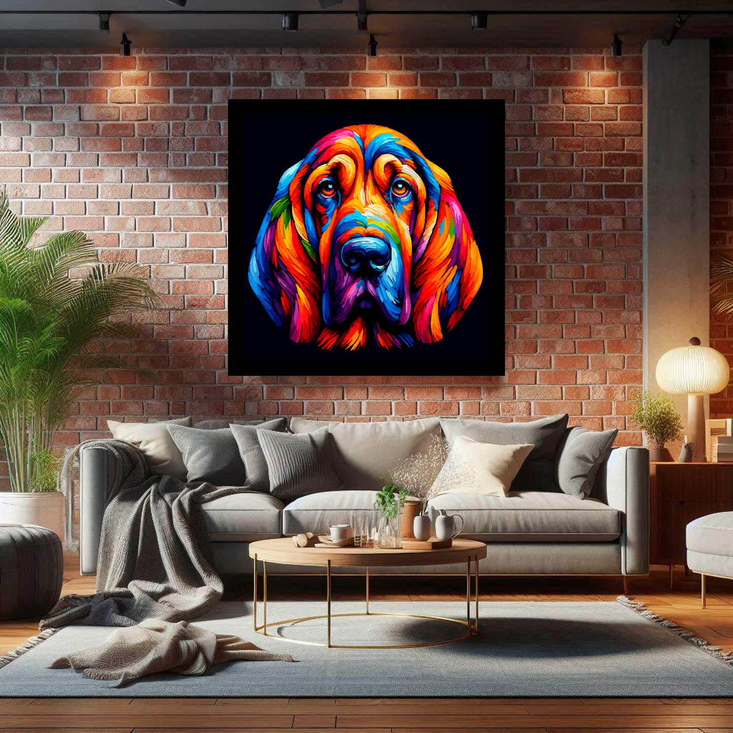 Large Bloodhound canvas on brick wall above grey sofa - bold dog portrait UK living room