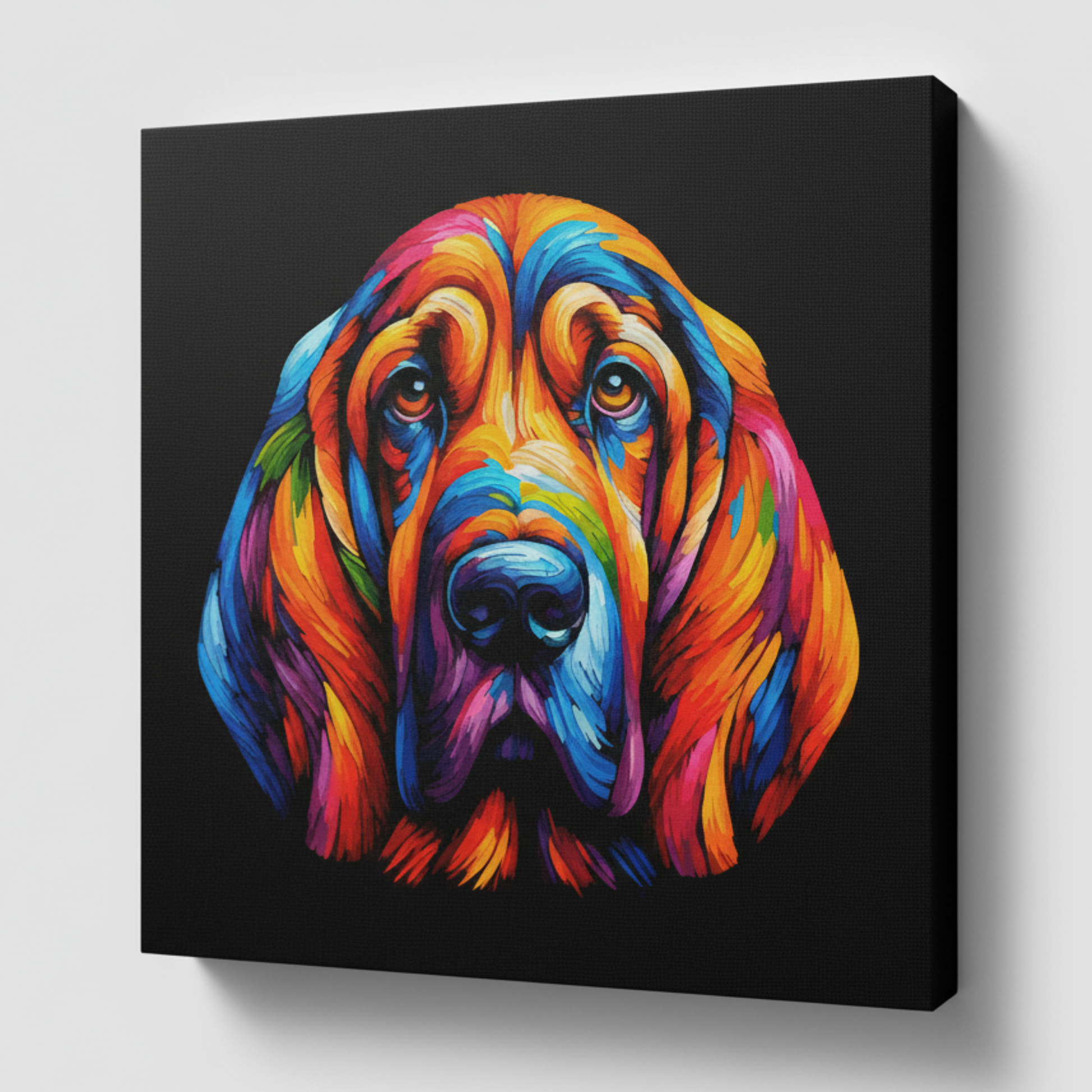 Colourful Bloodhound dog portrait canvas print - UK made abstract pet wall art black background