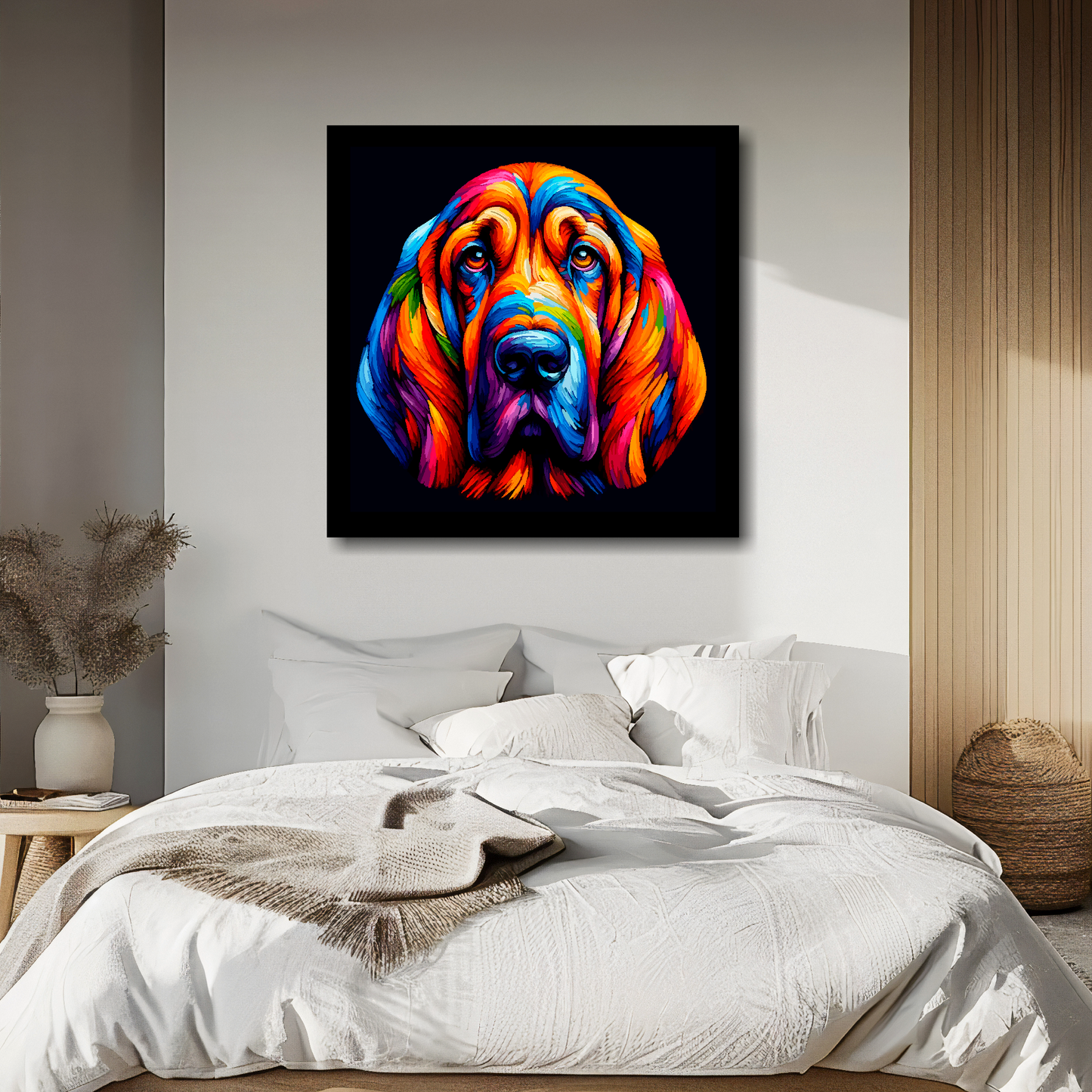 Bloodhound portrait canvas above bed - colourful dog wall decor for UK bedrooms