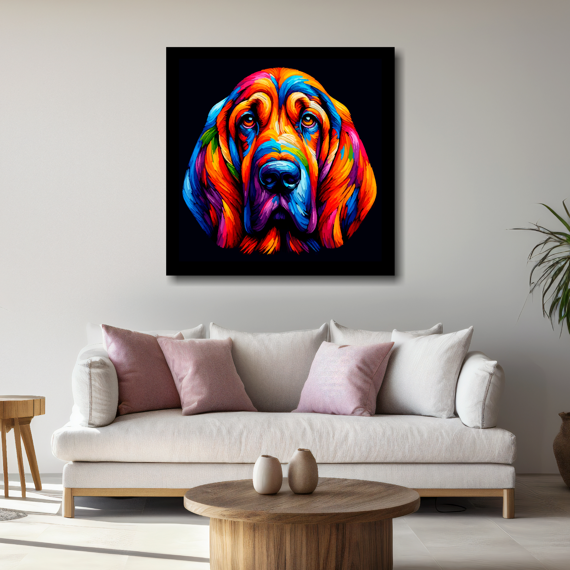 Large Bloodhound canvas above white sofa - vibrant abstract dog portrait wall art UK