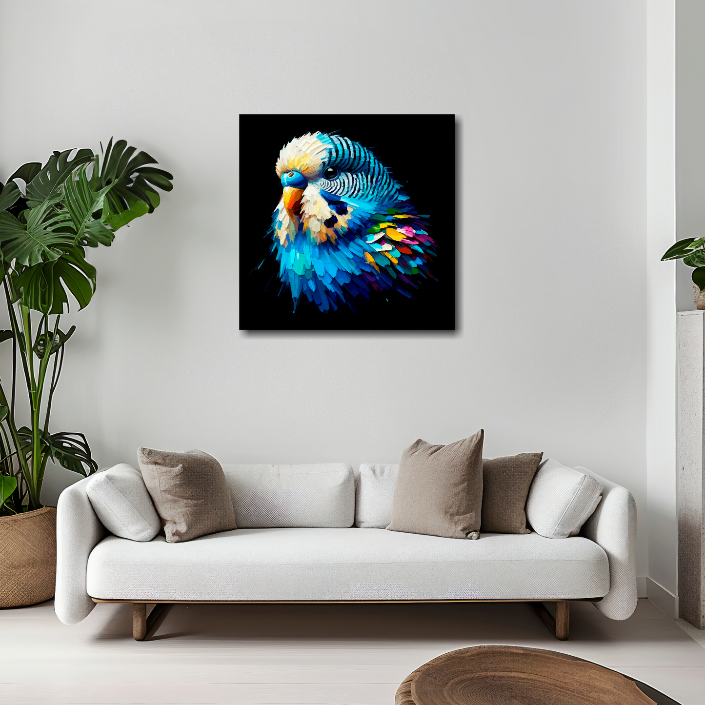 Blue Budgie canvas 20x20 inches above white sofa - vibrant bird portrait wall art UK