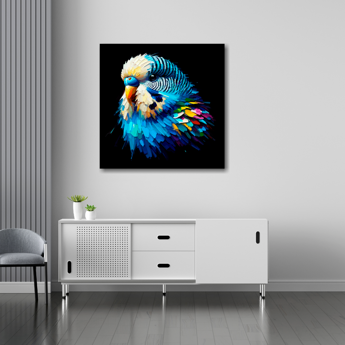 Blue Budgie canvas 30x30 inches above sideboard - large colourful bird portrait UK made