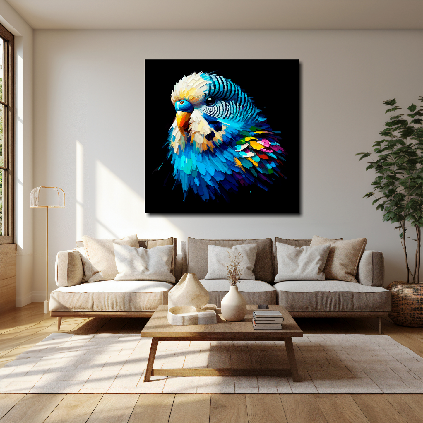 Blue Budgie canvas 40x40 inches above cream sofa - XL vibrant bird wall art UK