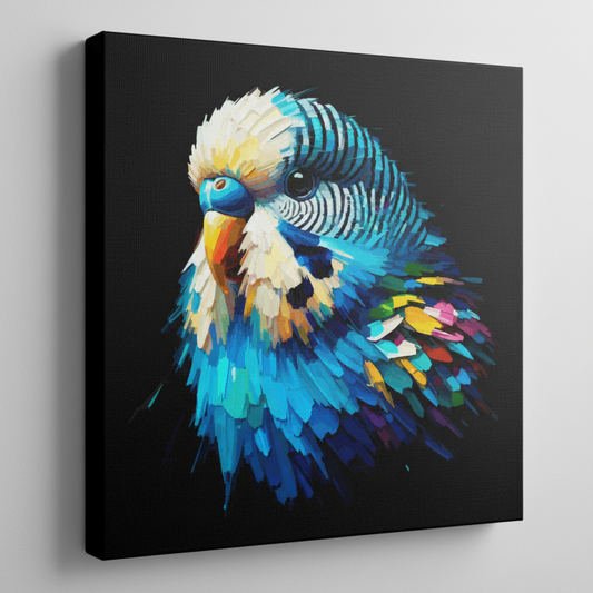 Colourful Blue Budgie bird portrait canvas print - UK made abstract pet wall art