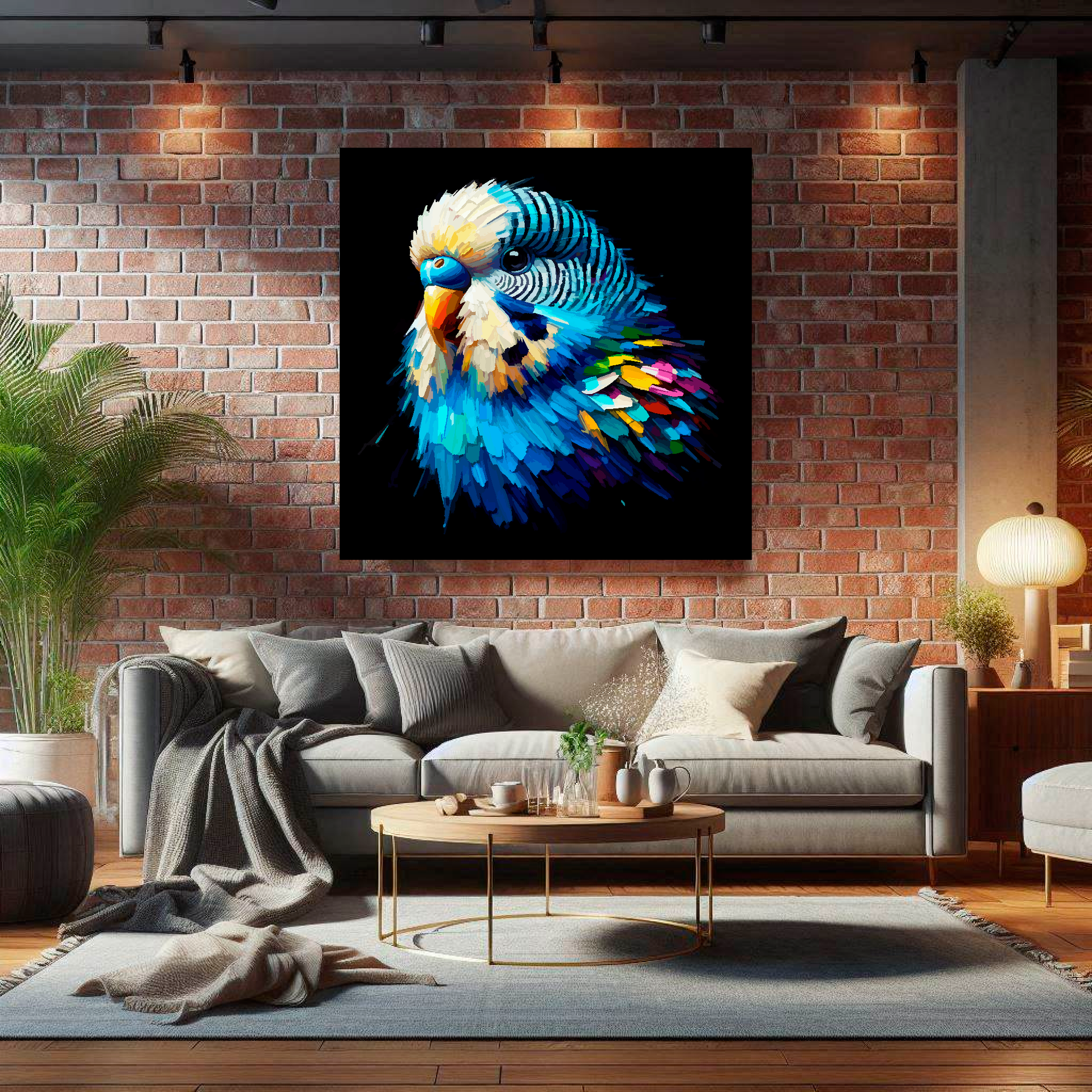 Large Blue Budgie canvas on brick wall above grey sofa - bold bird portrait UK living room