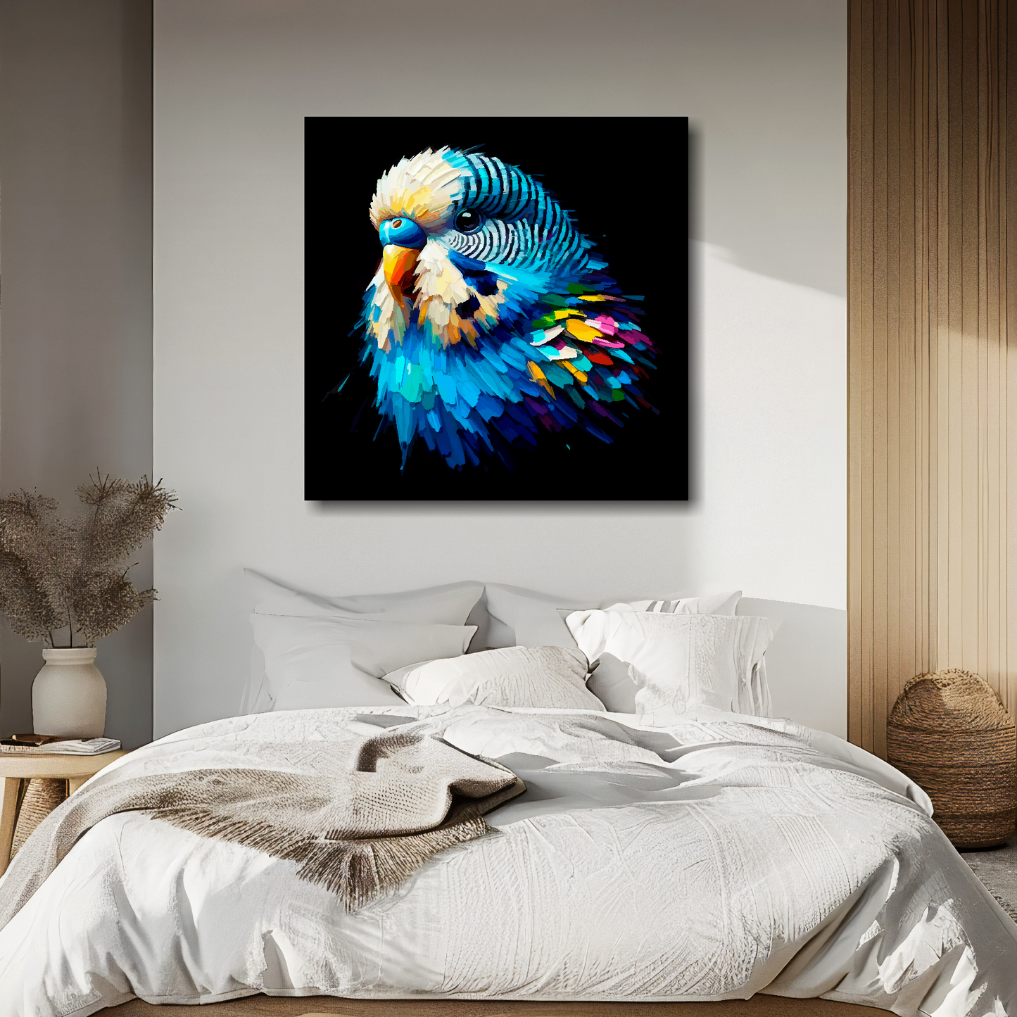 Blue Budgie portrait canvas above bed - colourful bird wall decor for UK bedrooms