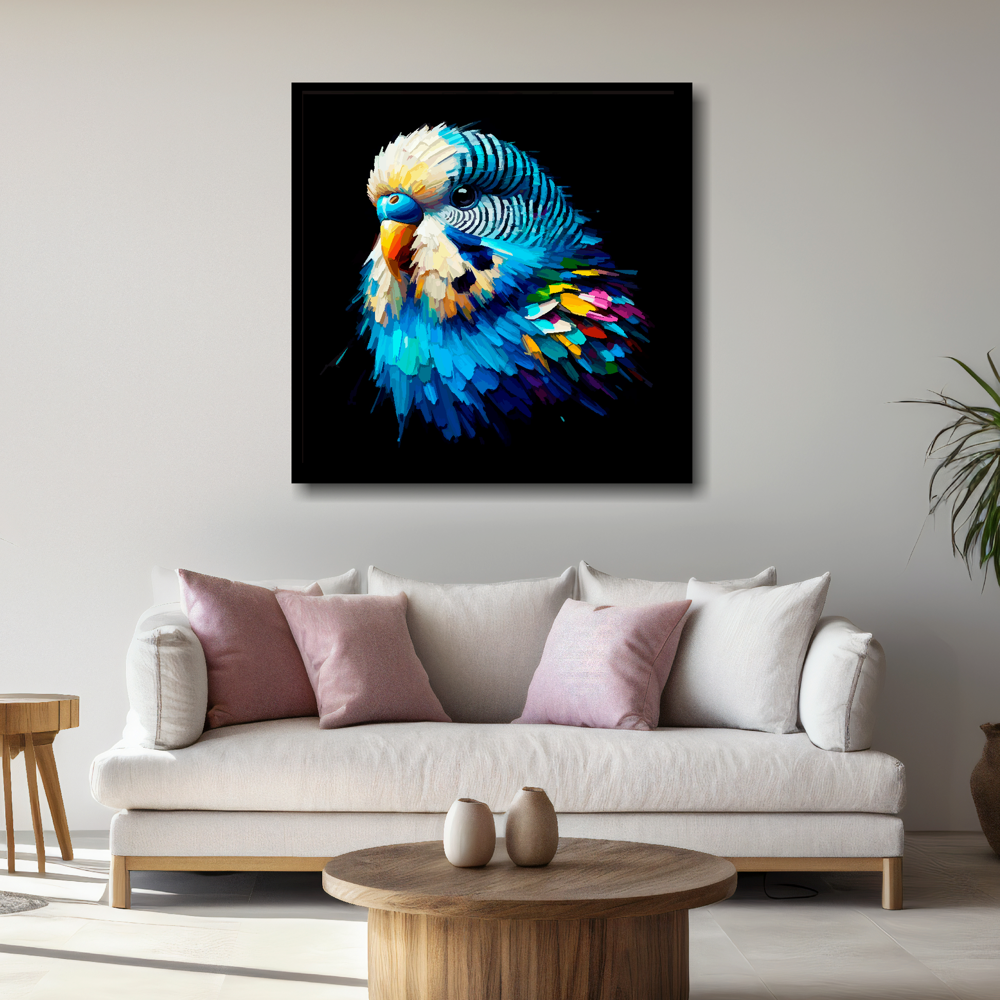 Large Blue Budgie canvas above white sofa - vibrant abstract bird portrait wall art UK