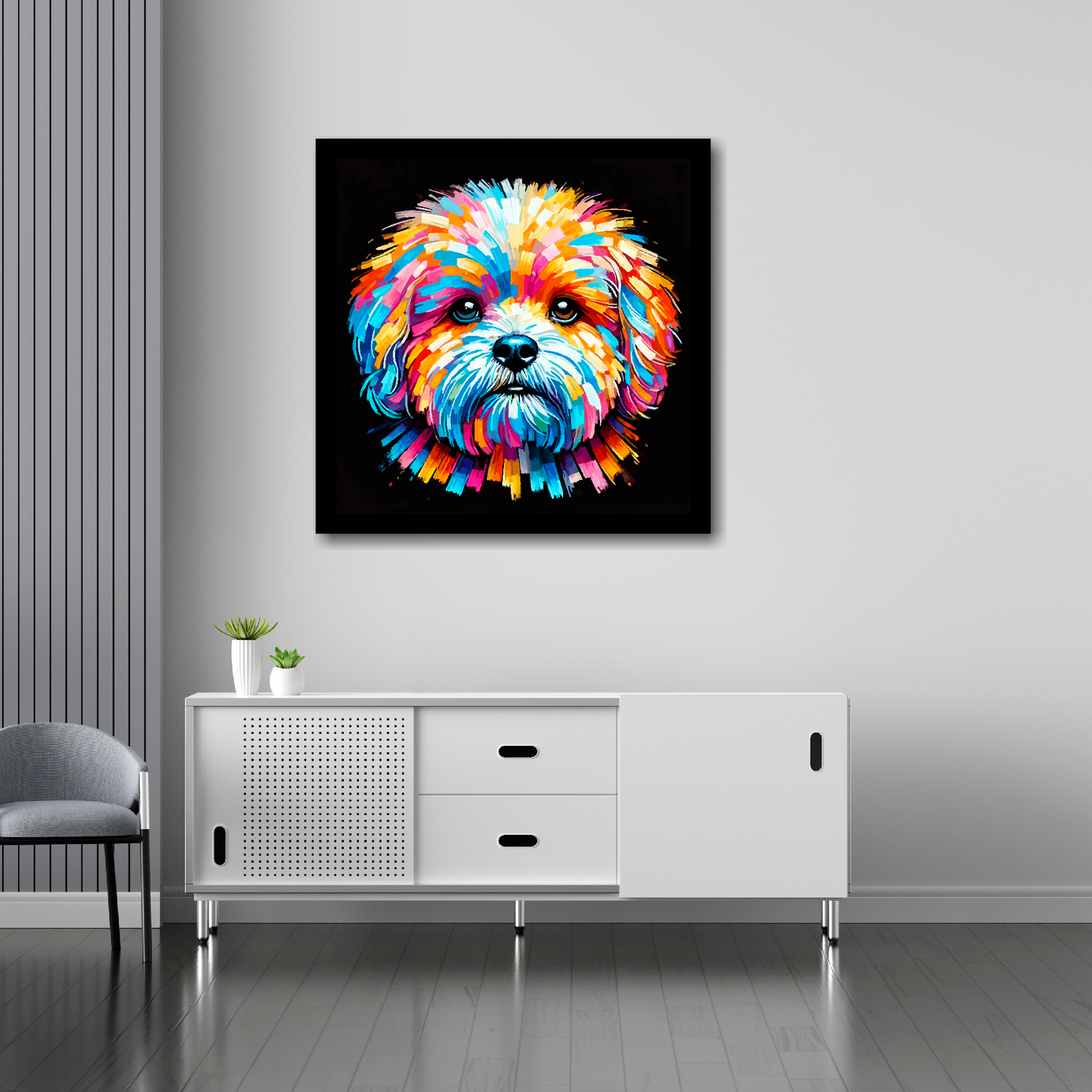 Bolognese canvas 30x30 inches above sideboard - large dog portrait UK made