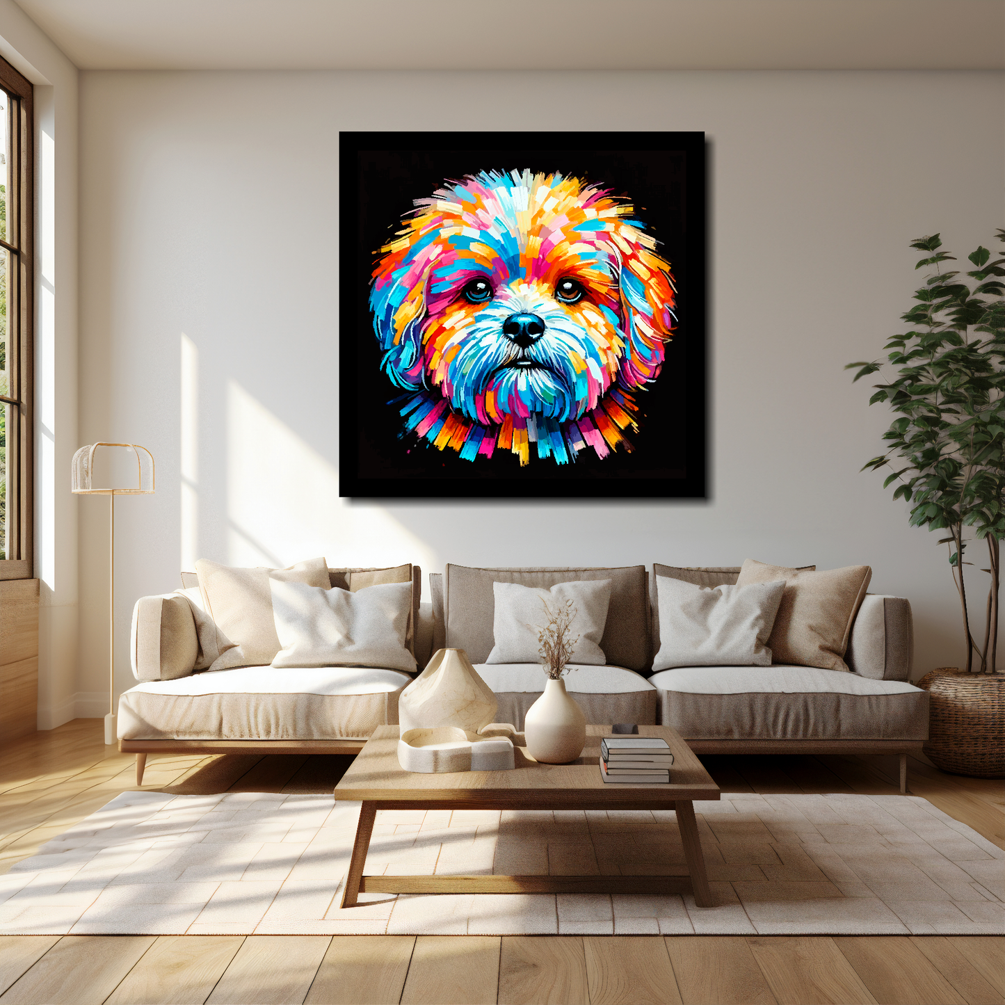 Bolognese canvas 40x40 inches above cream sofa - XL dog wall art UK