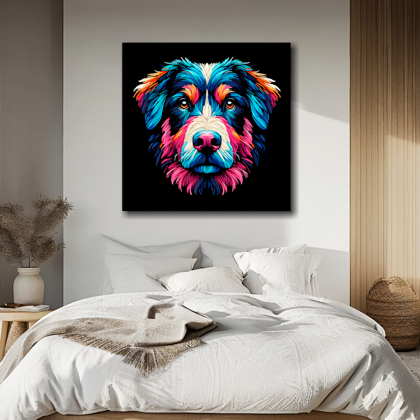 Borador portrait canvas above bed - colourful dog wall decor for UK bedrooms