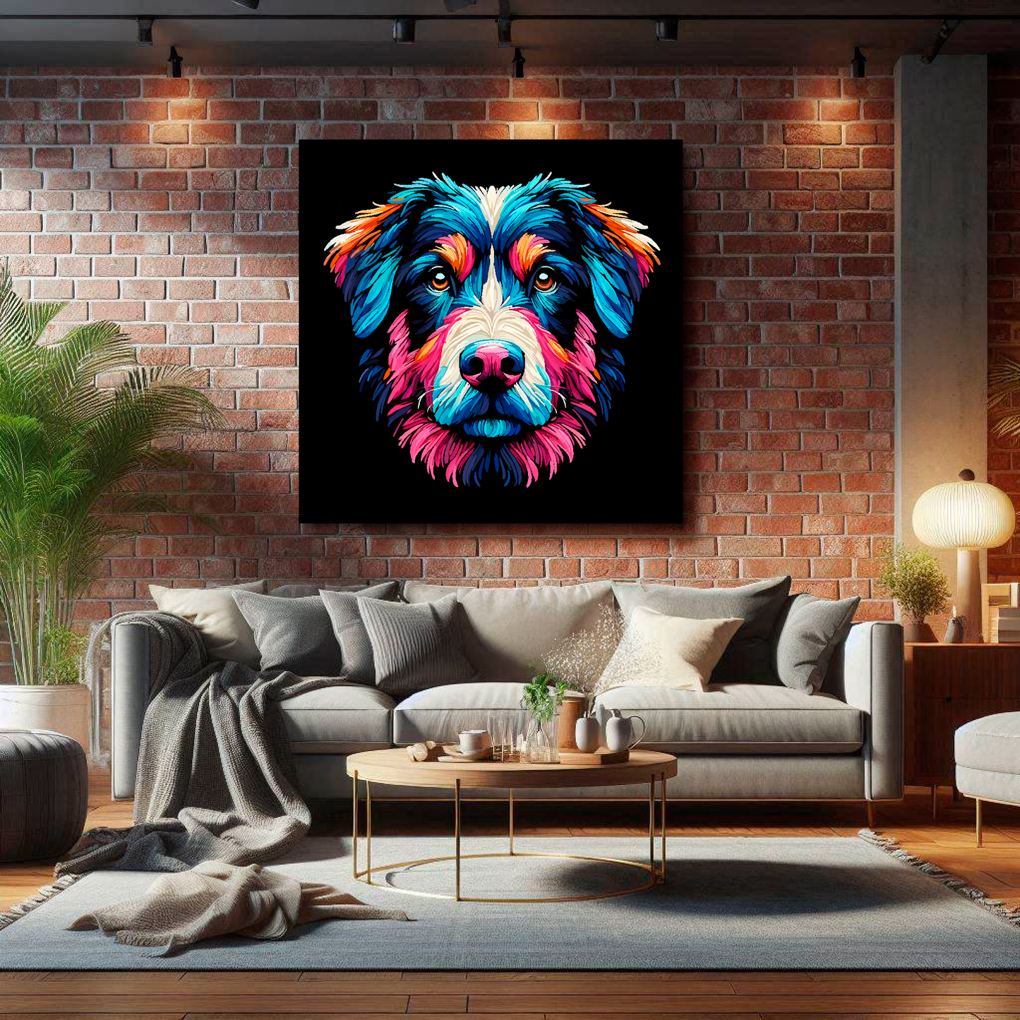 Large Borador canvas on brick wall above grey sofa - bold dog portrait UK living room
