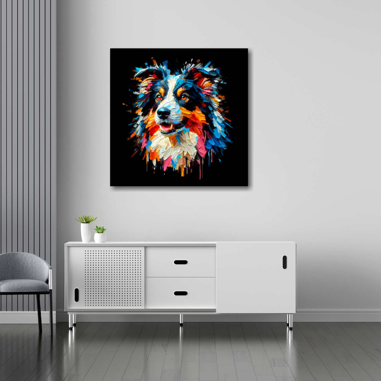 Border Collie canvas 30x30 inches above sideboard - large dog portrait UK made