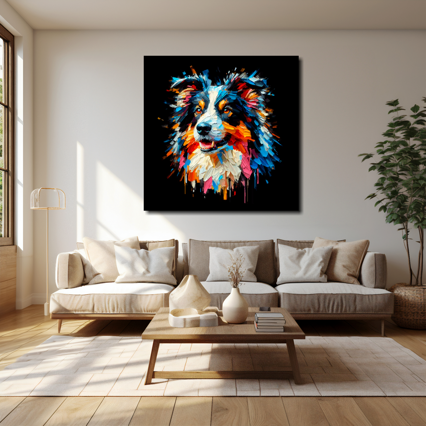 Border Collie canvas 40x40 inches above cream sofa - XL dog wall art UK