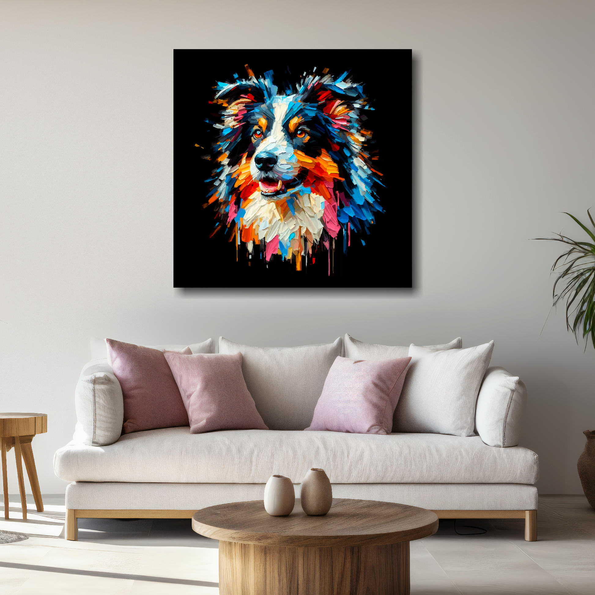 Large Border Collie portrait canvas - colourful dog wall decor UK