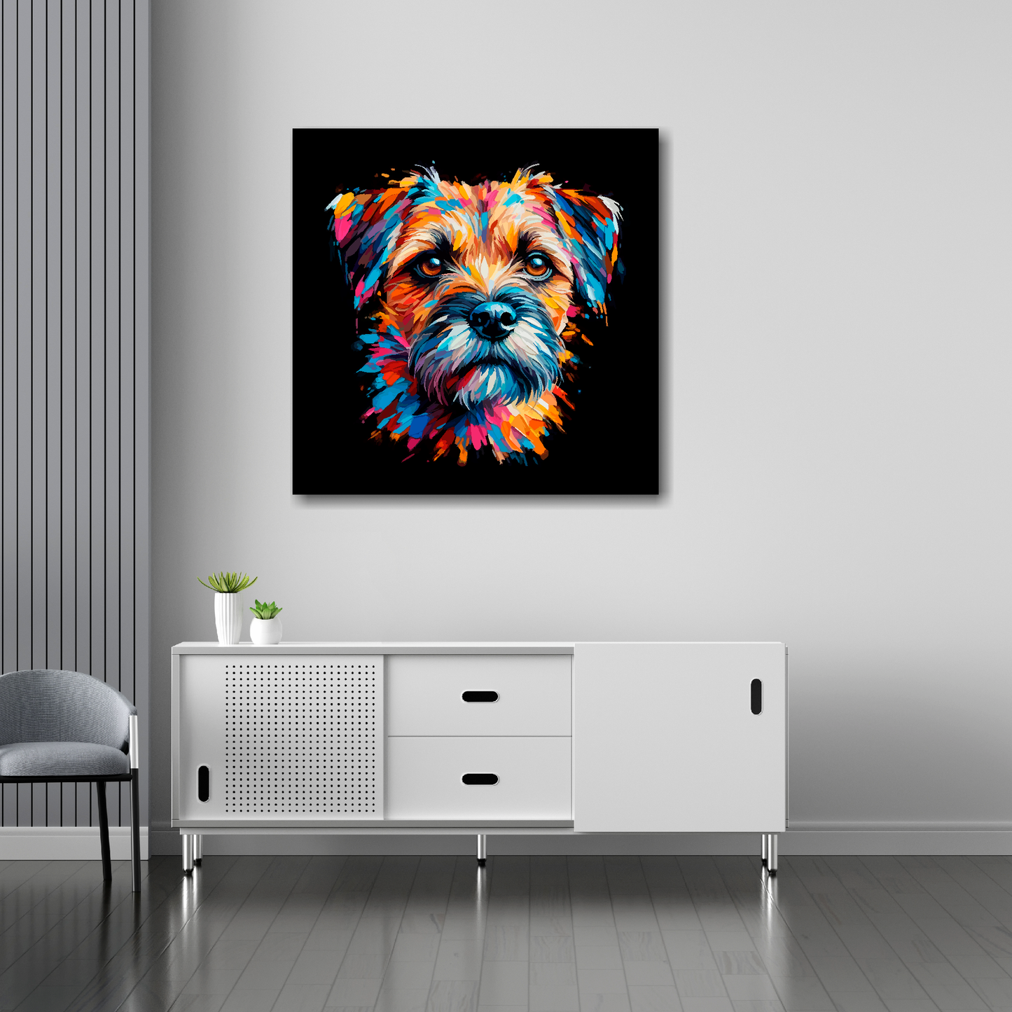 Border Terrier canvas 30x30 inches above sideboard - large colourful dog portrait UK made
