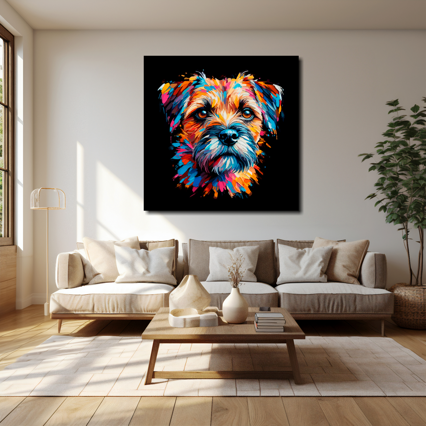 Border Terrier canvas 40x40 inches above cream sofa - XL vibrant dog wall art UK