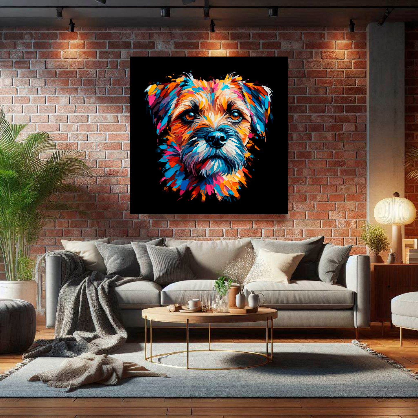 Large Border Terrier canvas on brick wall above grey sofa - bold dog portrait UK living room