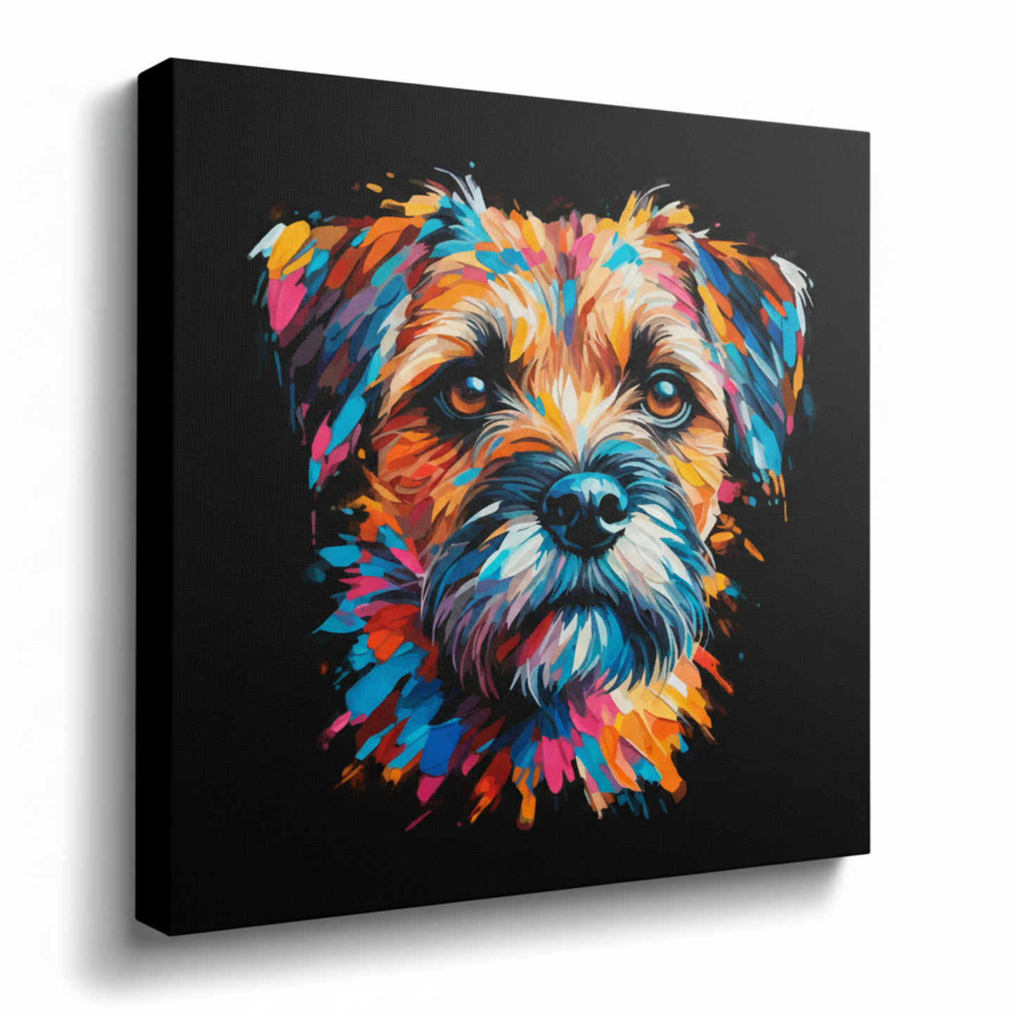 Colourful Border Terrier dog portrait canvas print - UK made abstract pet wall art black background