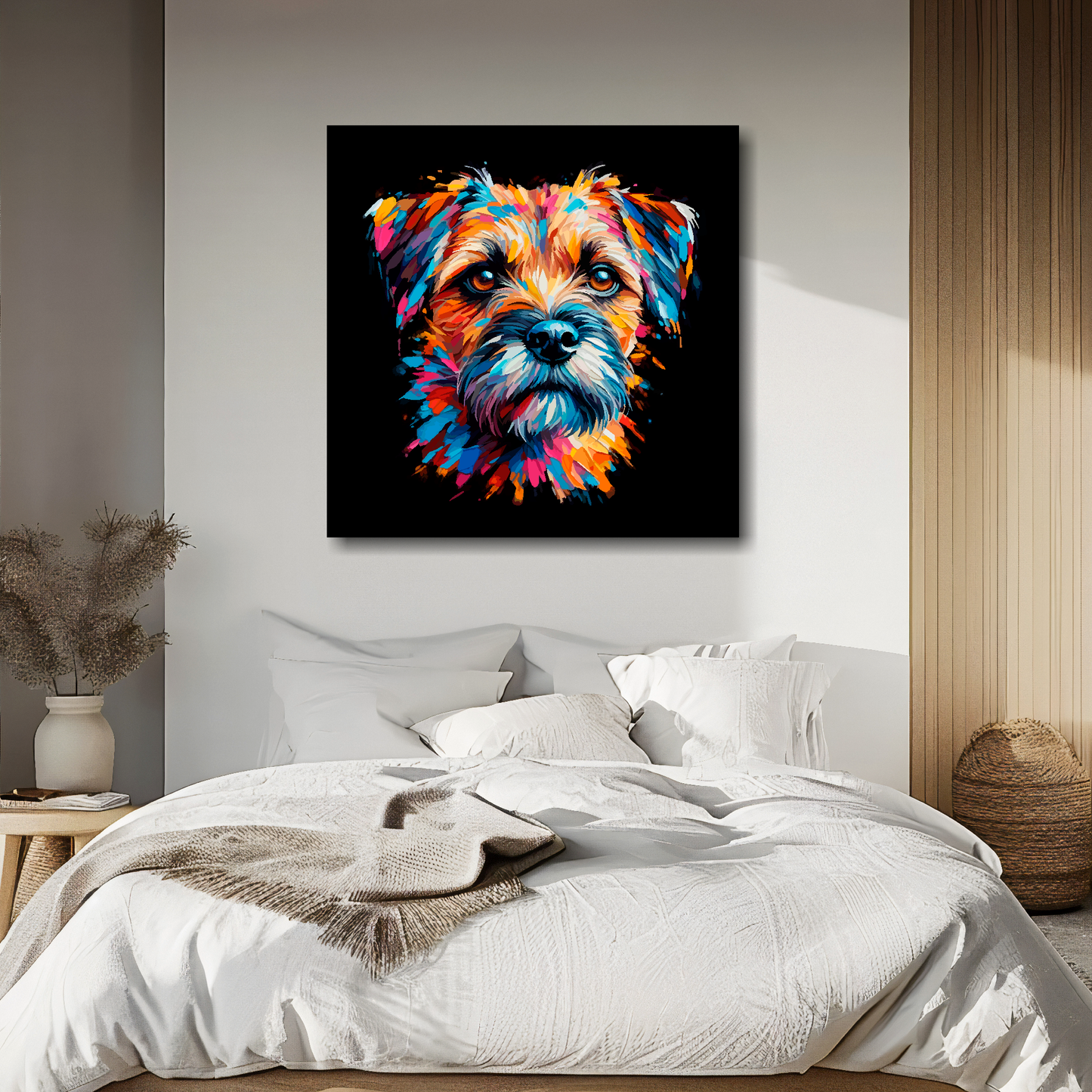 Border Terrier portrait canvas above bed - colourful dog wall decor for UK bedrooms