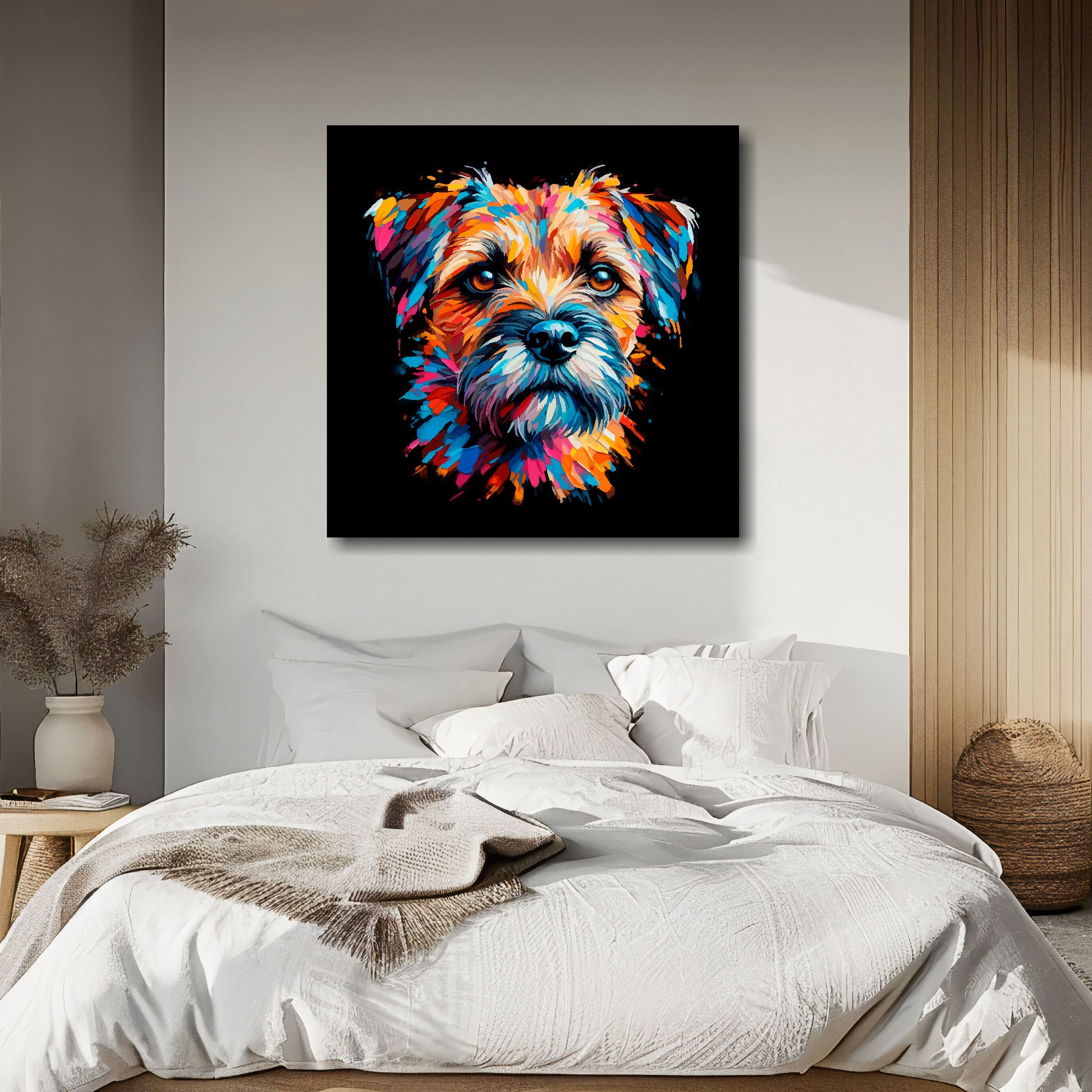 Border Terrier portrait canvas above bed - colourful dog wall decor for UK bedrooms
