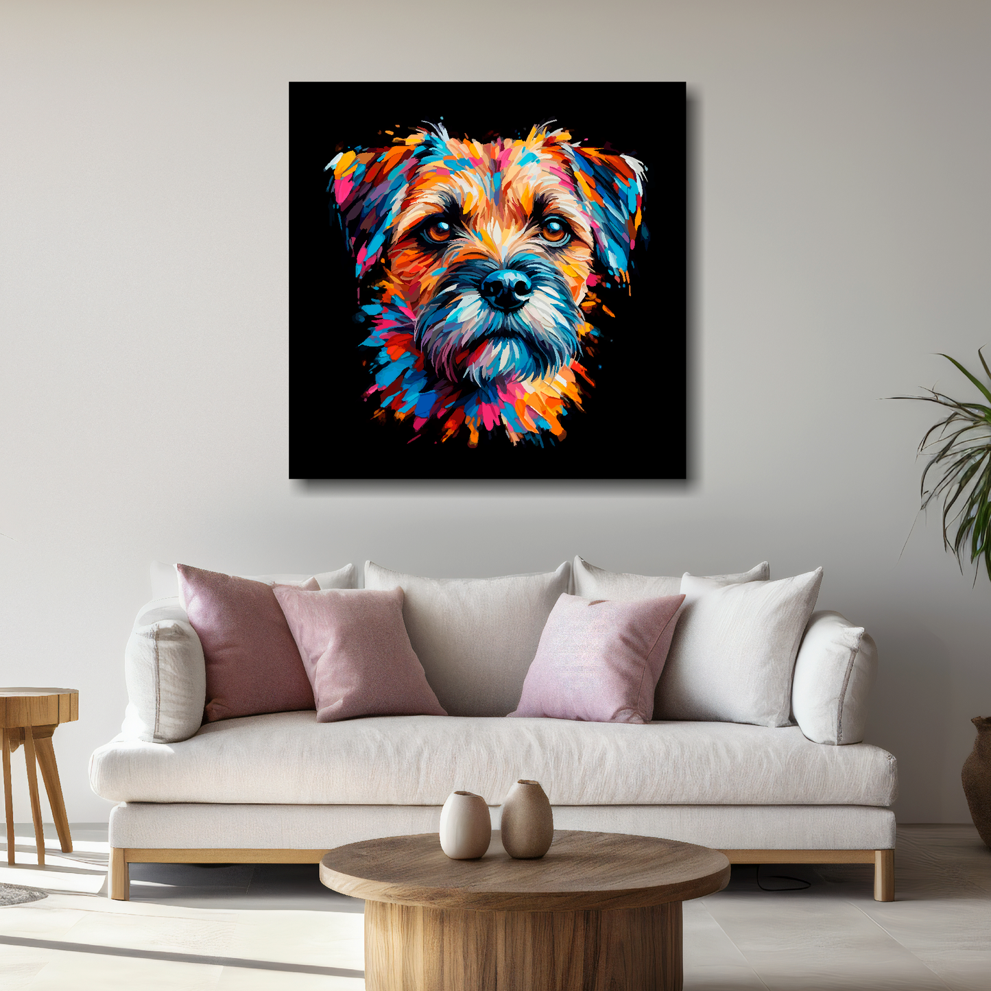 Large Border Terrier canvas above white sofa - vibrant abstract dog portrait wall art UK