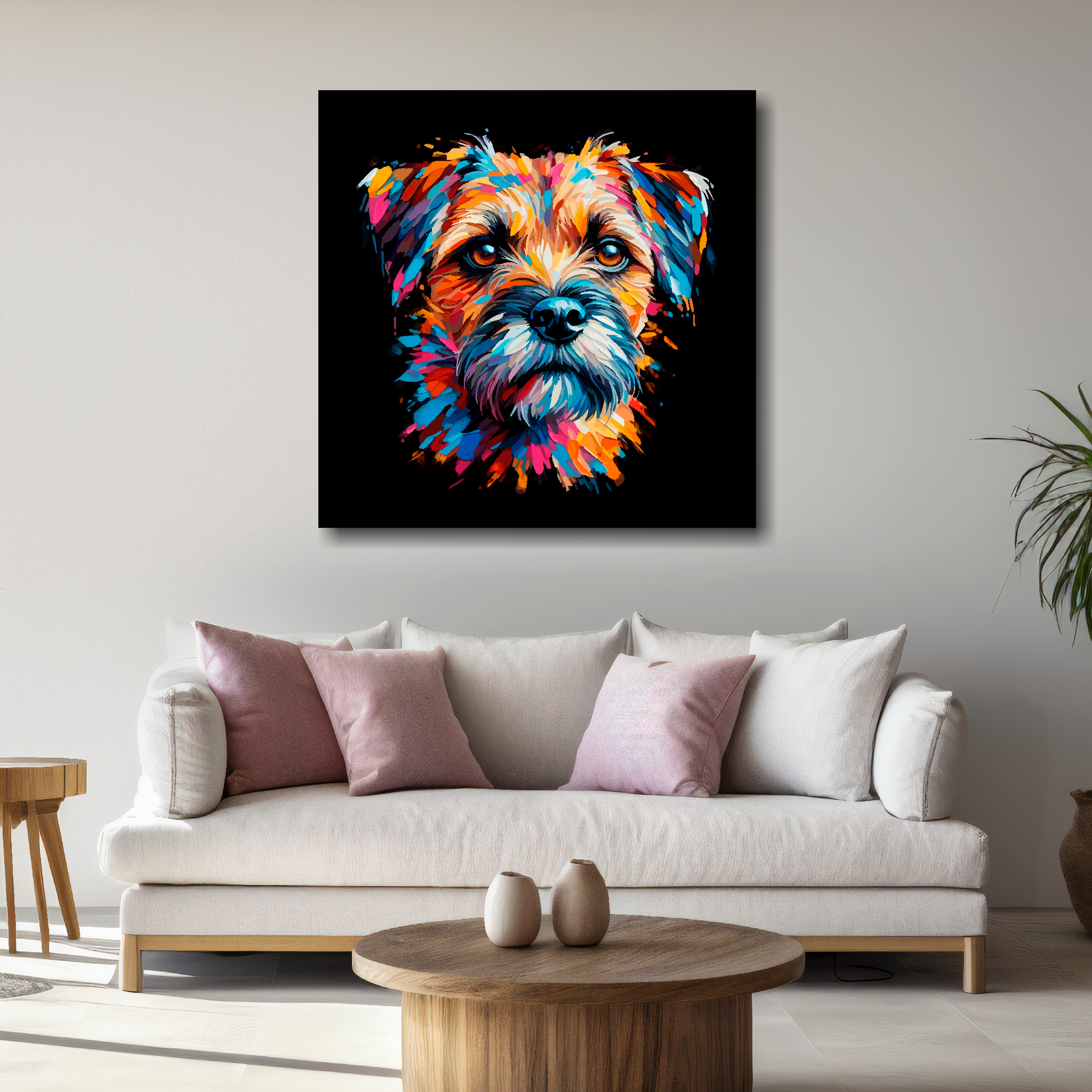 Large Border Terrier canvas above white sofa - vibrant abstract dog portrait wall art UK