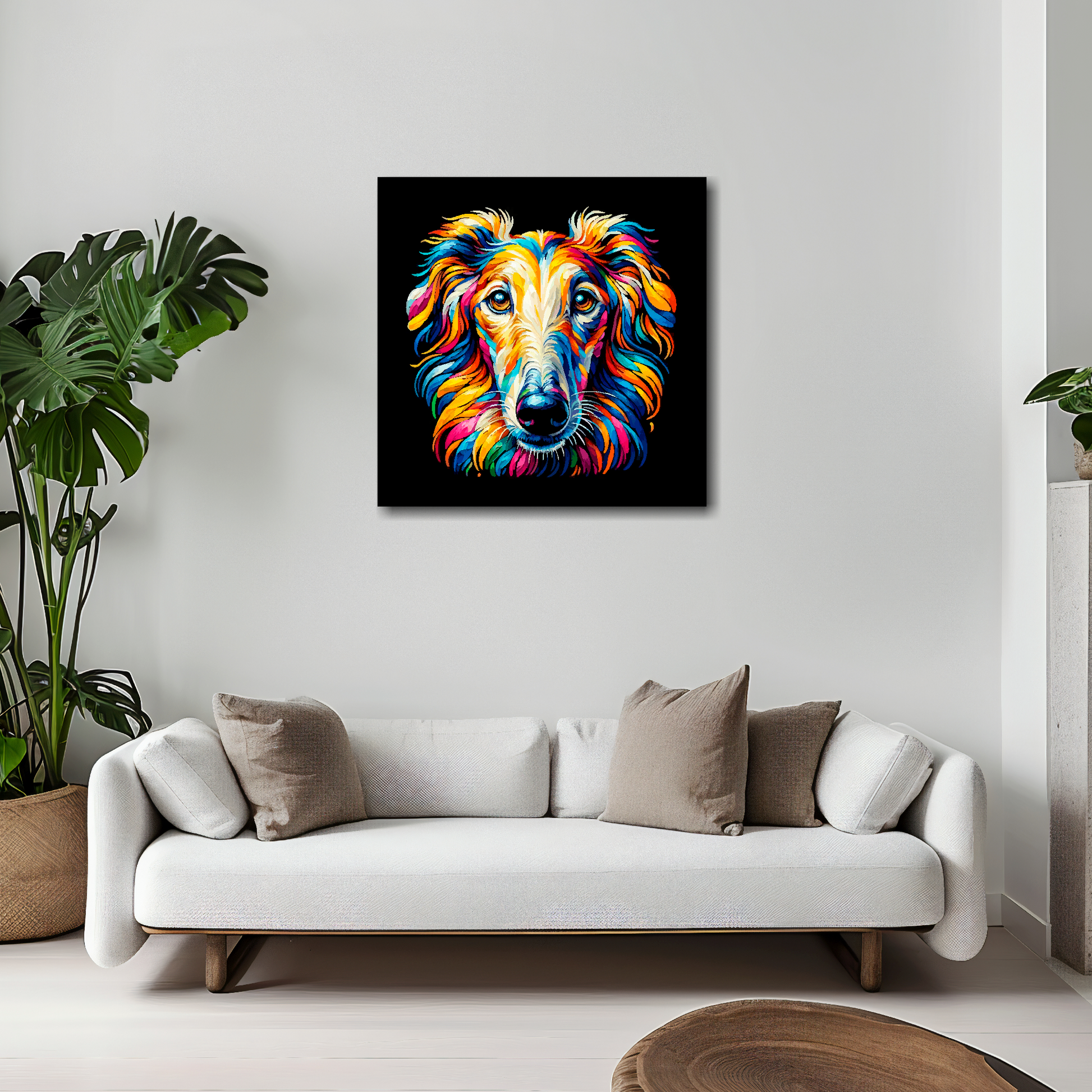 Borzoi canvas 20x20 inches above white sofa - vibrant dog portrait wall art UK