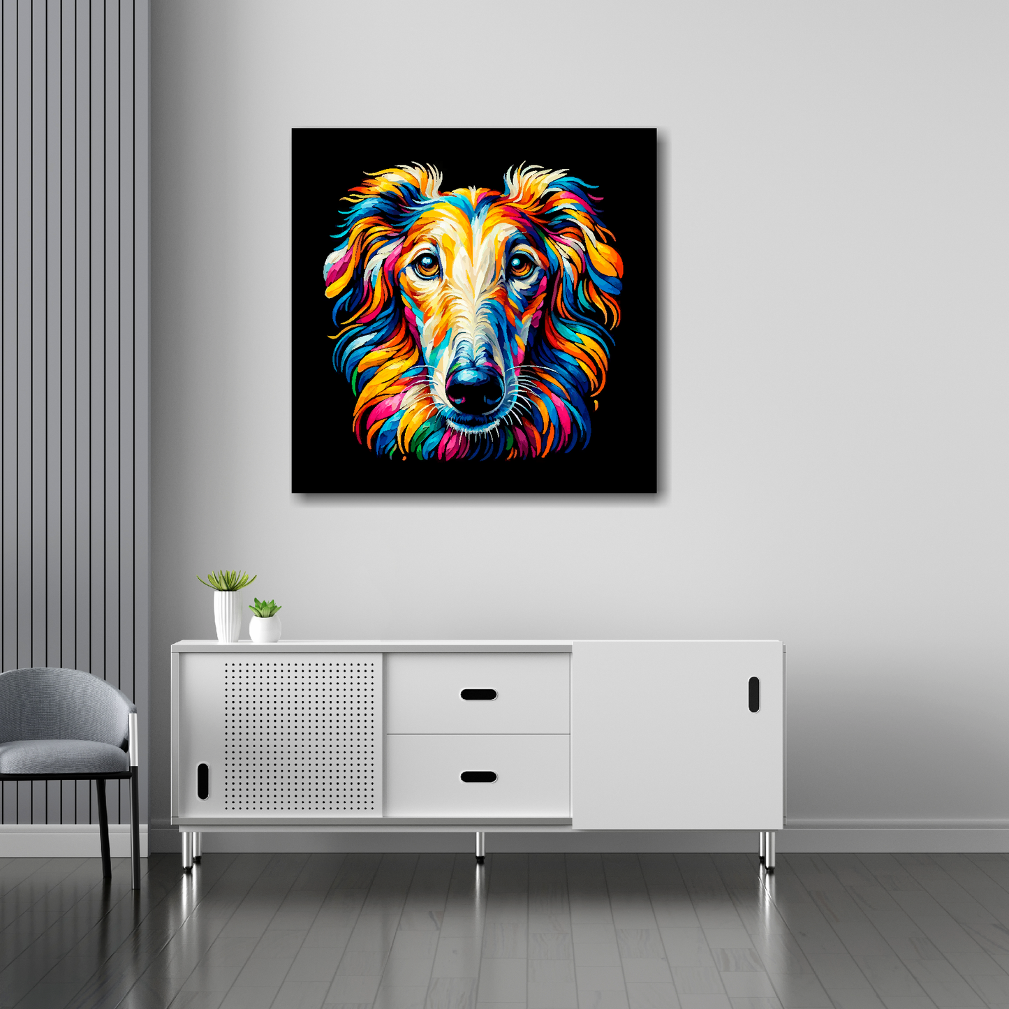 Borzoi canvas 30x30 inches above sideboard - large colourful dog portrait UK made