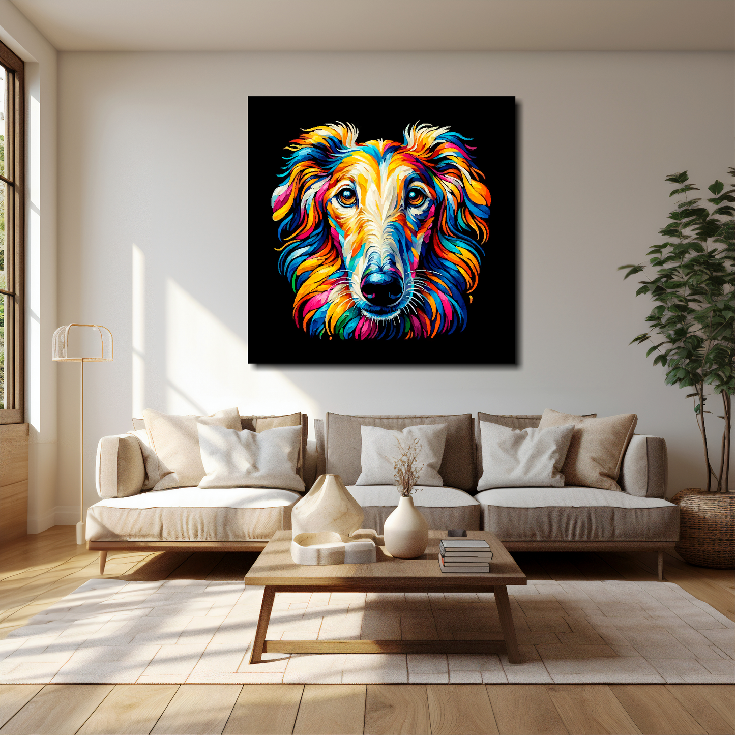 Borzoi canvas 40x40 inches above cream sofa - XL vibrant dog wall art UK