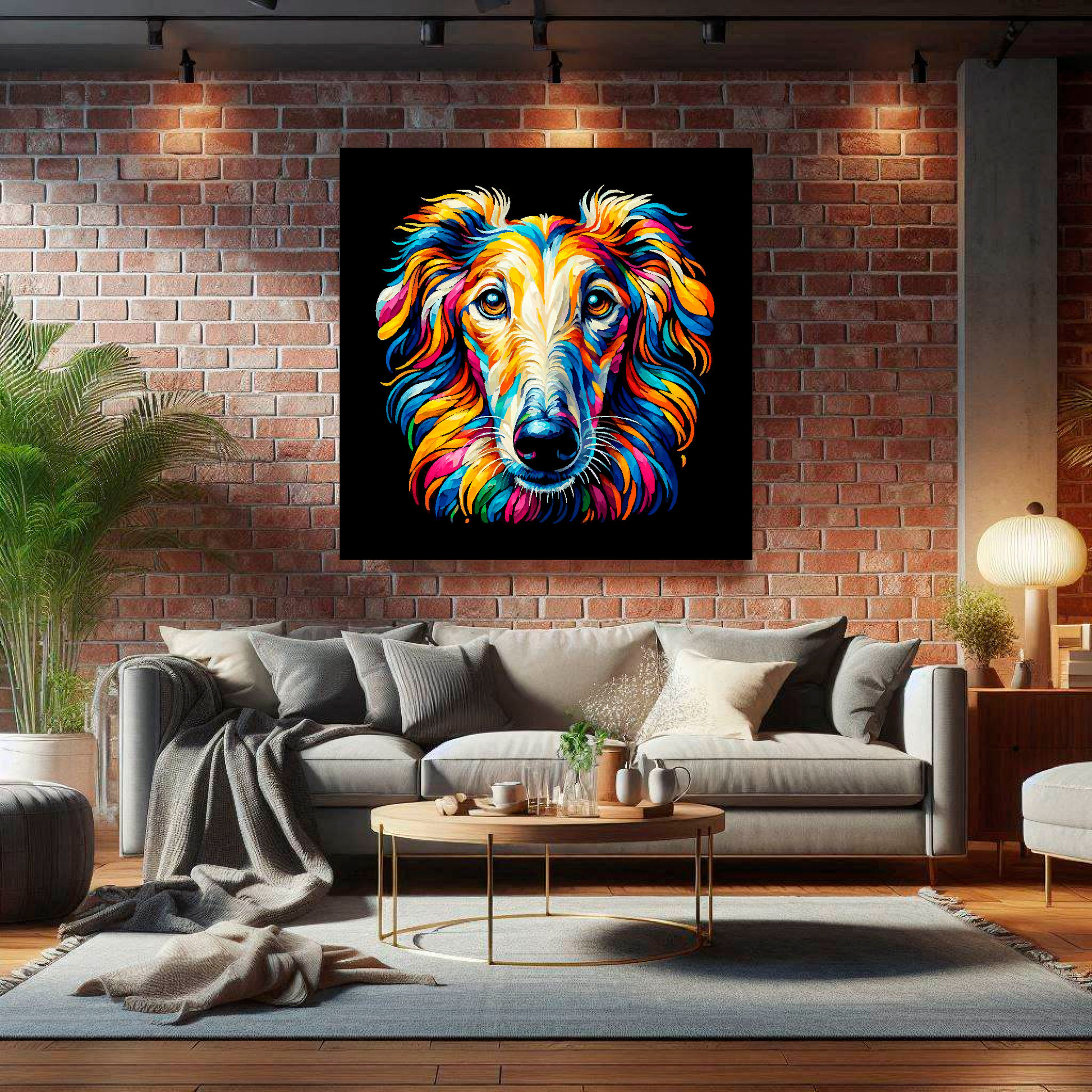 Large Borzoi canvas on brick wall above grey sofa - bold dog portrait UK living room