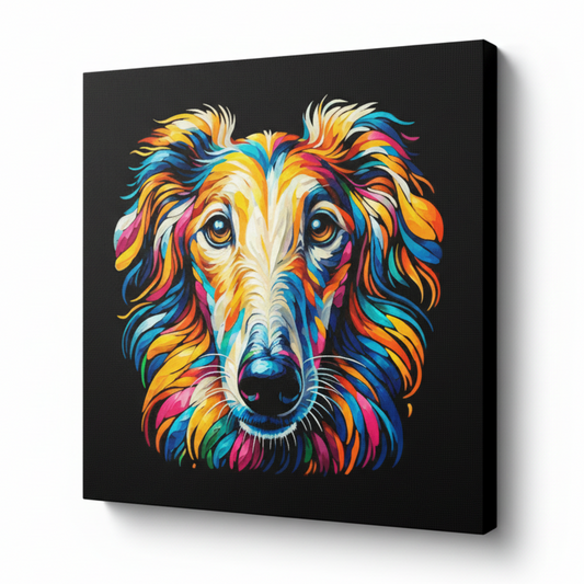 Colourful Borzoi dog portrait canvas print - UK made abstract pet wall art black background