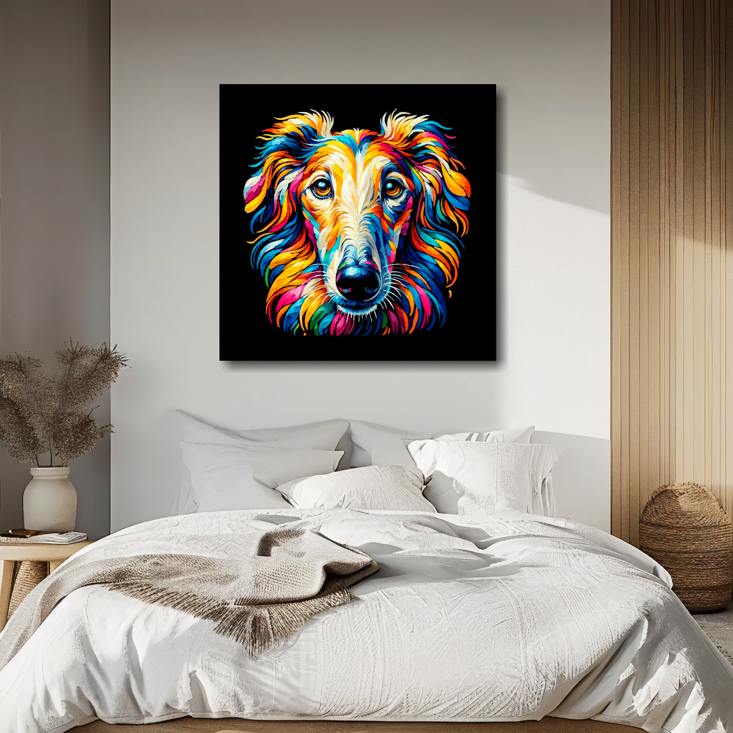 Borzoi portrait canvas above bed - colourful dog wall decor for UK bedrooms