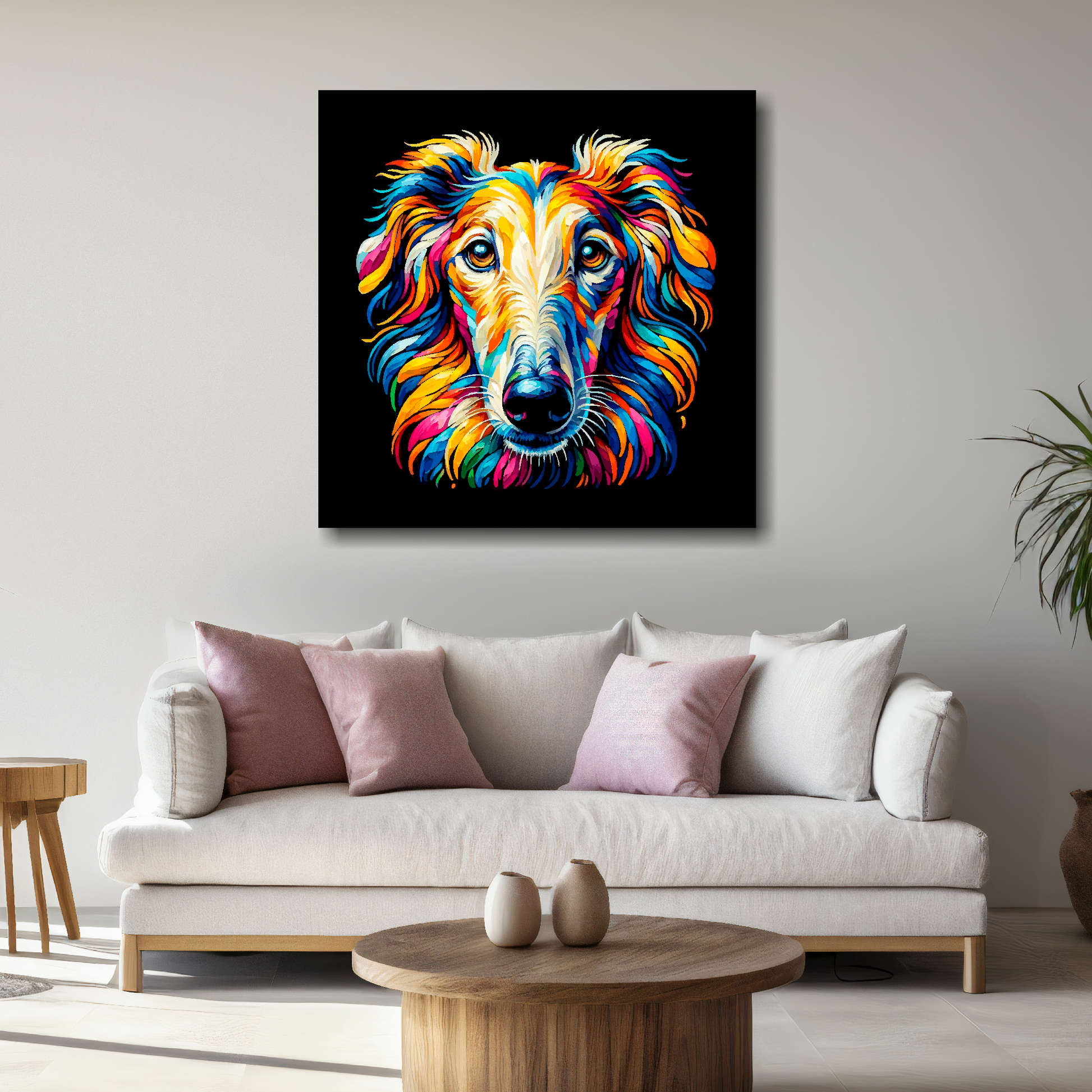 Large Borzoi canvas above white sofa - vibrant abstract dog portrait wall art UK