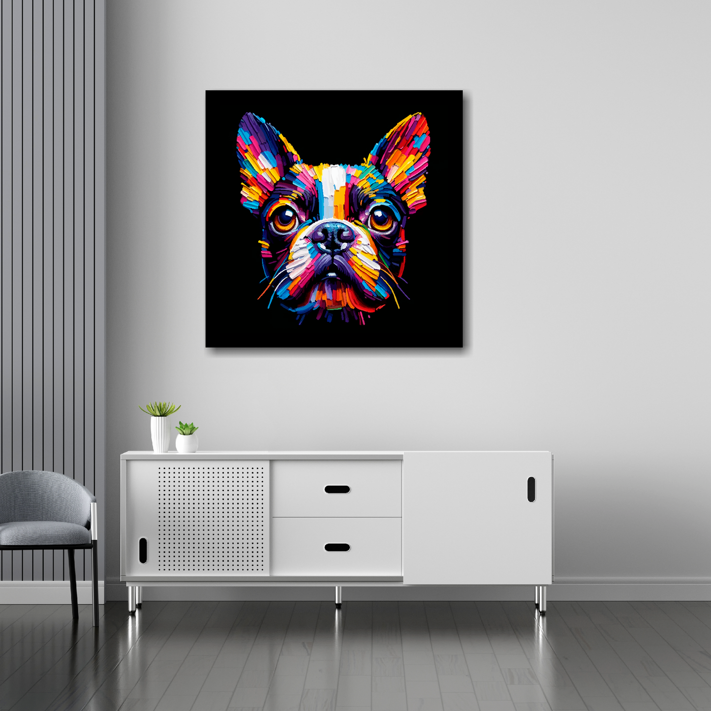 Boston Terrier canvas 30x30 inches above sideboard - large dog portrait UK made