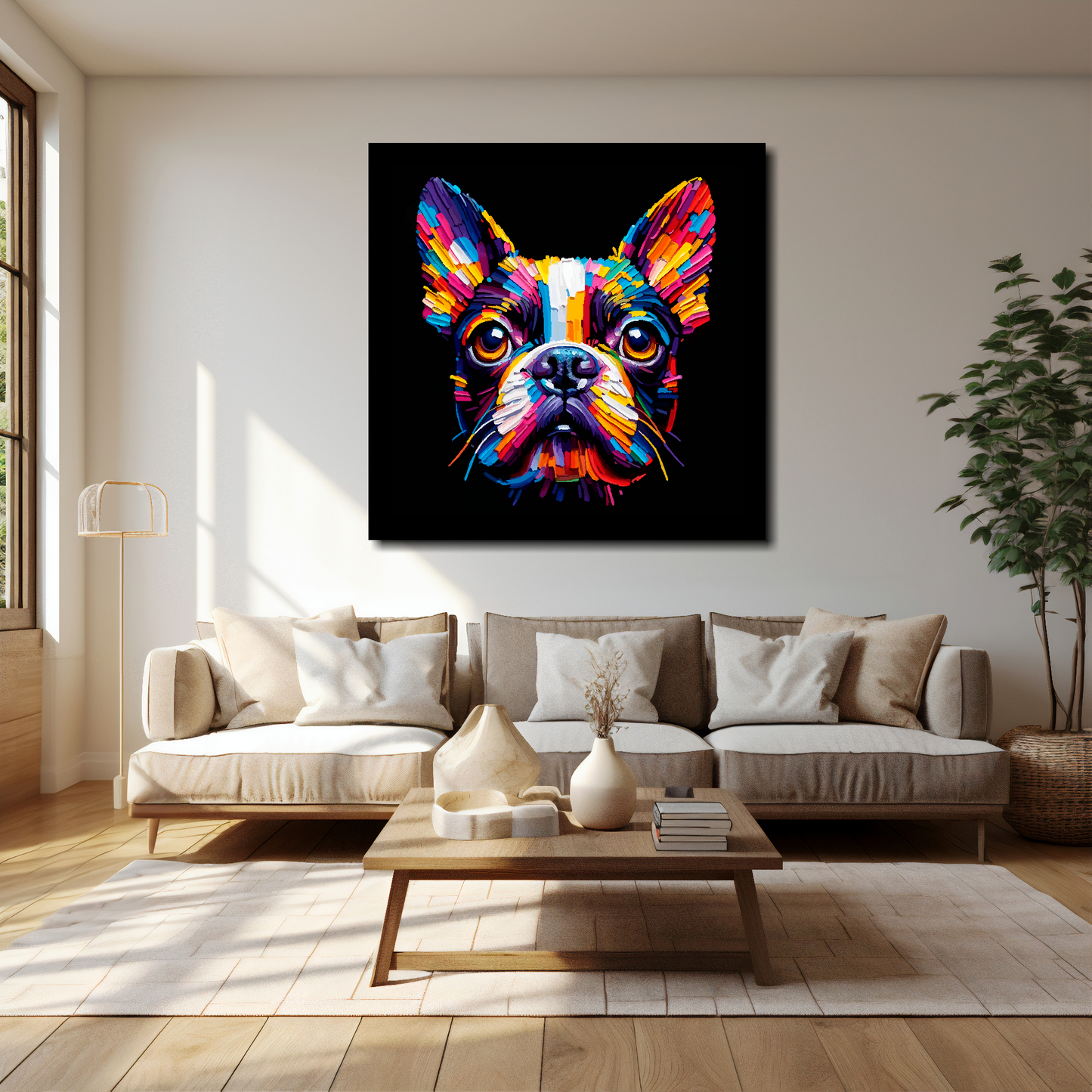 Boston Terrier canvas 40x40 inches above cream sofa - XL dog wall art UK