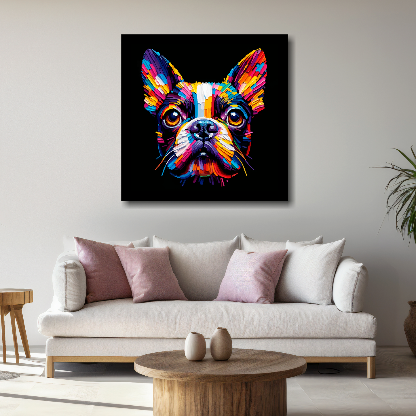 Large Boston Terrier portrait canvas - colourful dog wall decor UK