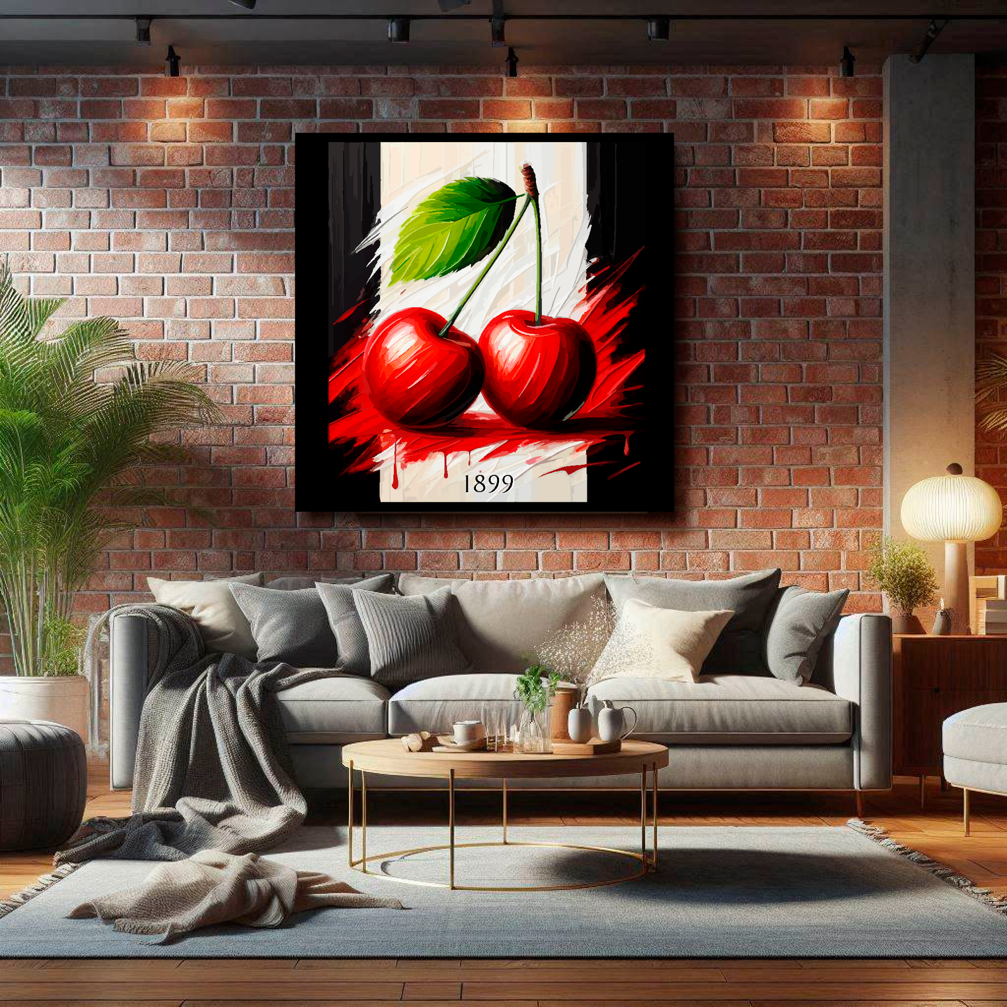 Large Bournemouth inspired canvas on brick wall above grey sofa - bold UK football art living room