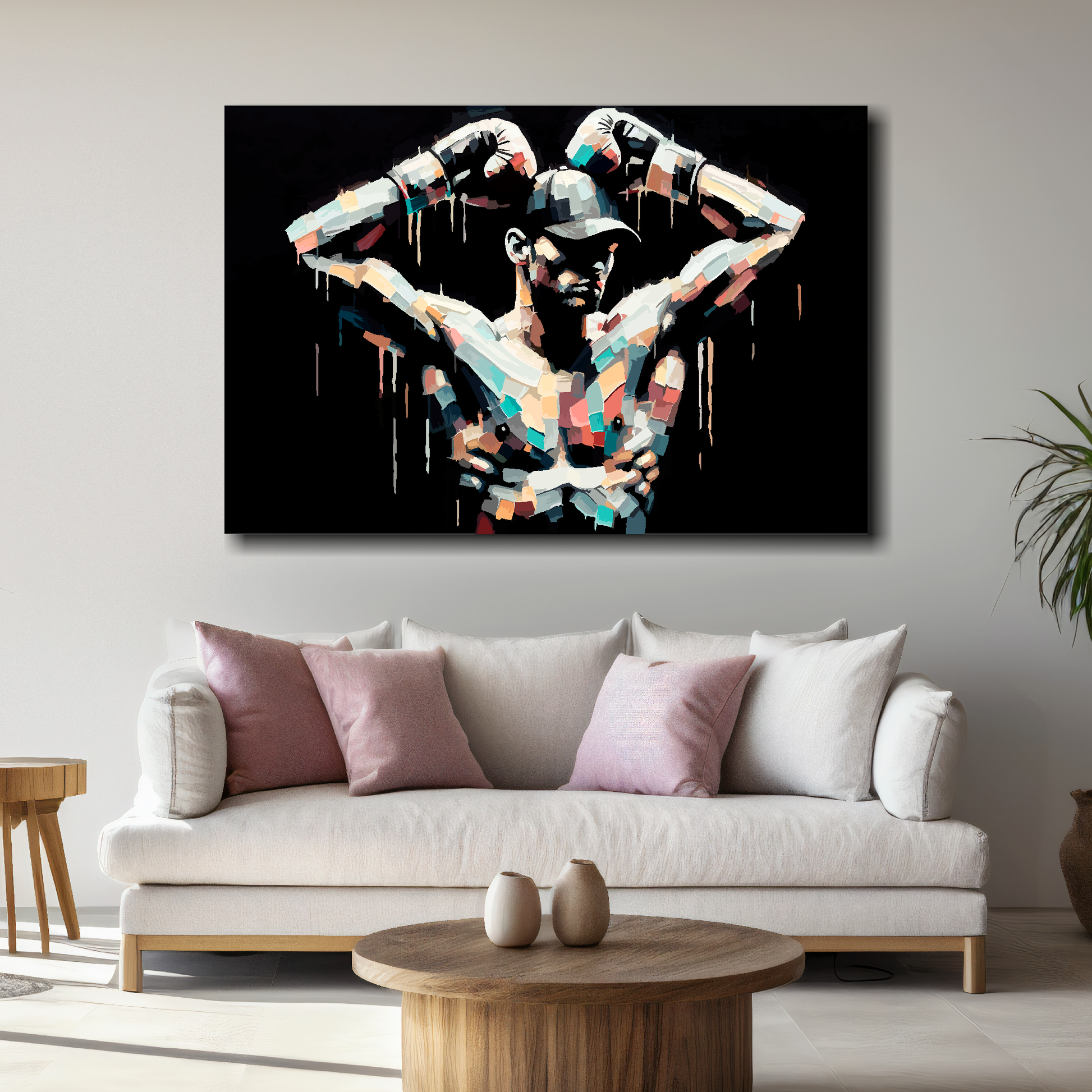 Large after the battle canvas above white sofa - vibrant abstract sports wall art UK