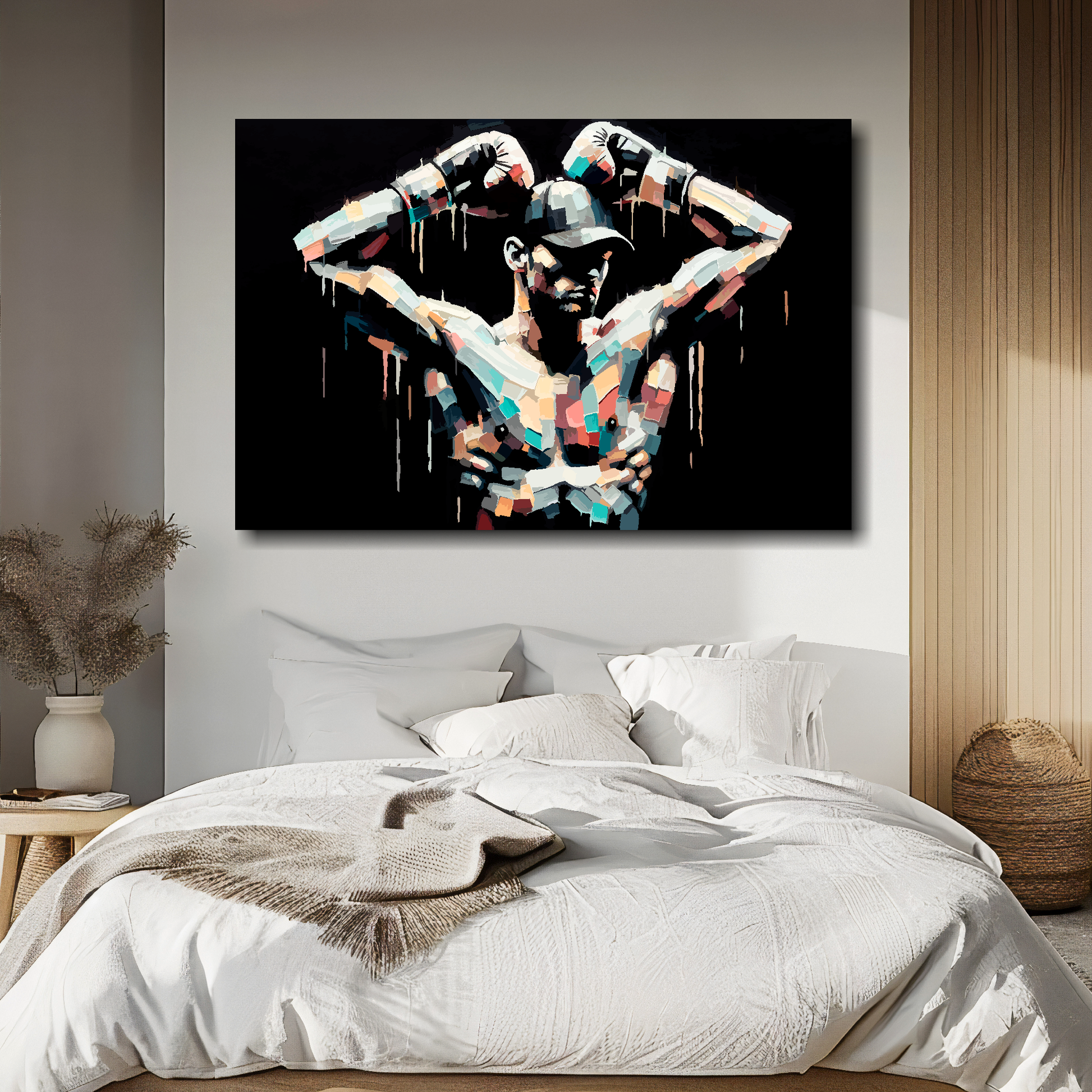After the battle canvas above bed - colourful sports wall decor for UK bedrooms