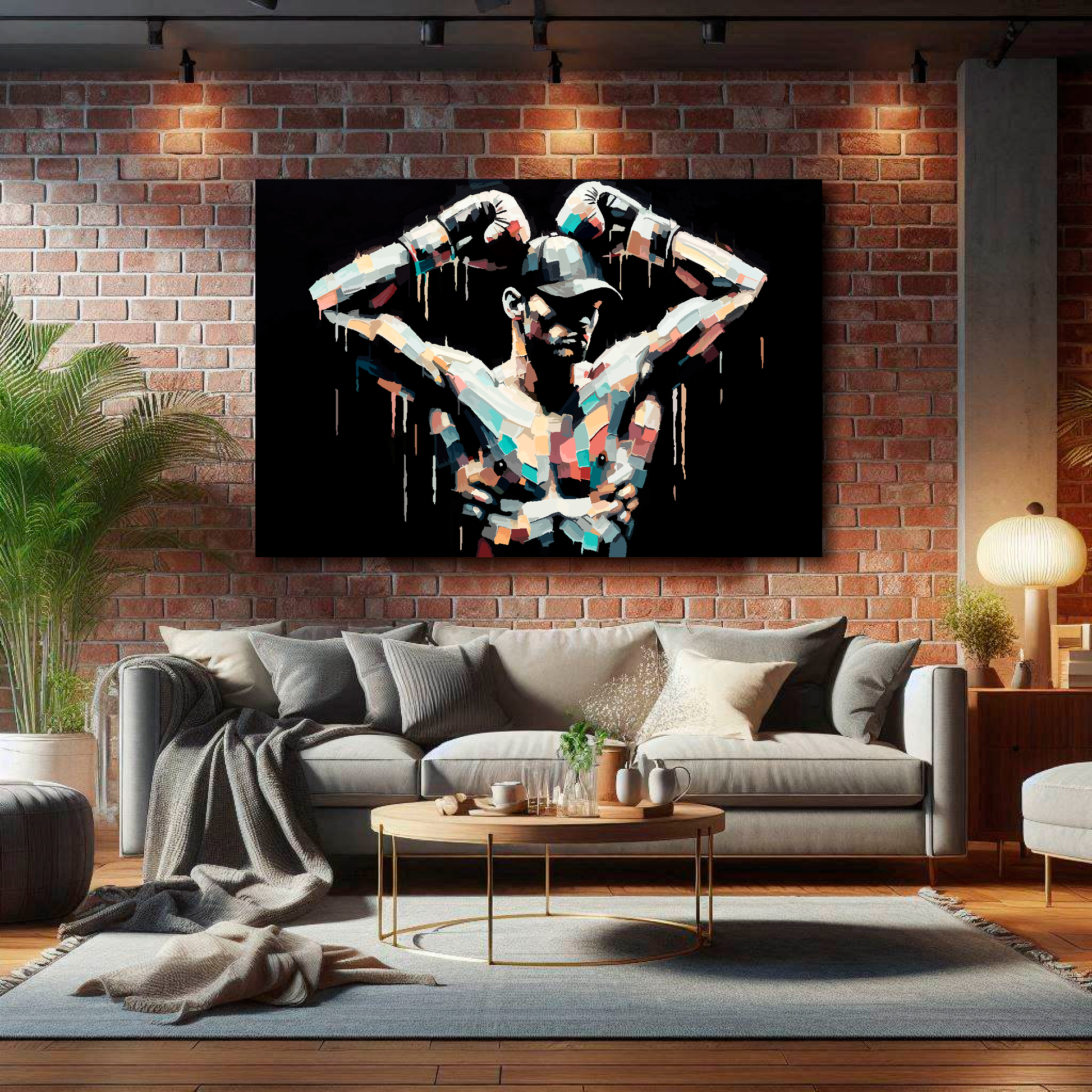 Large after the battle canvas on brick wall above grey sofa - bold sports art UK living room