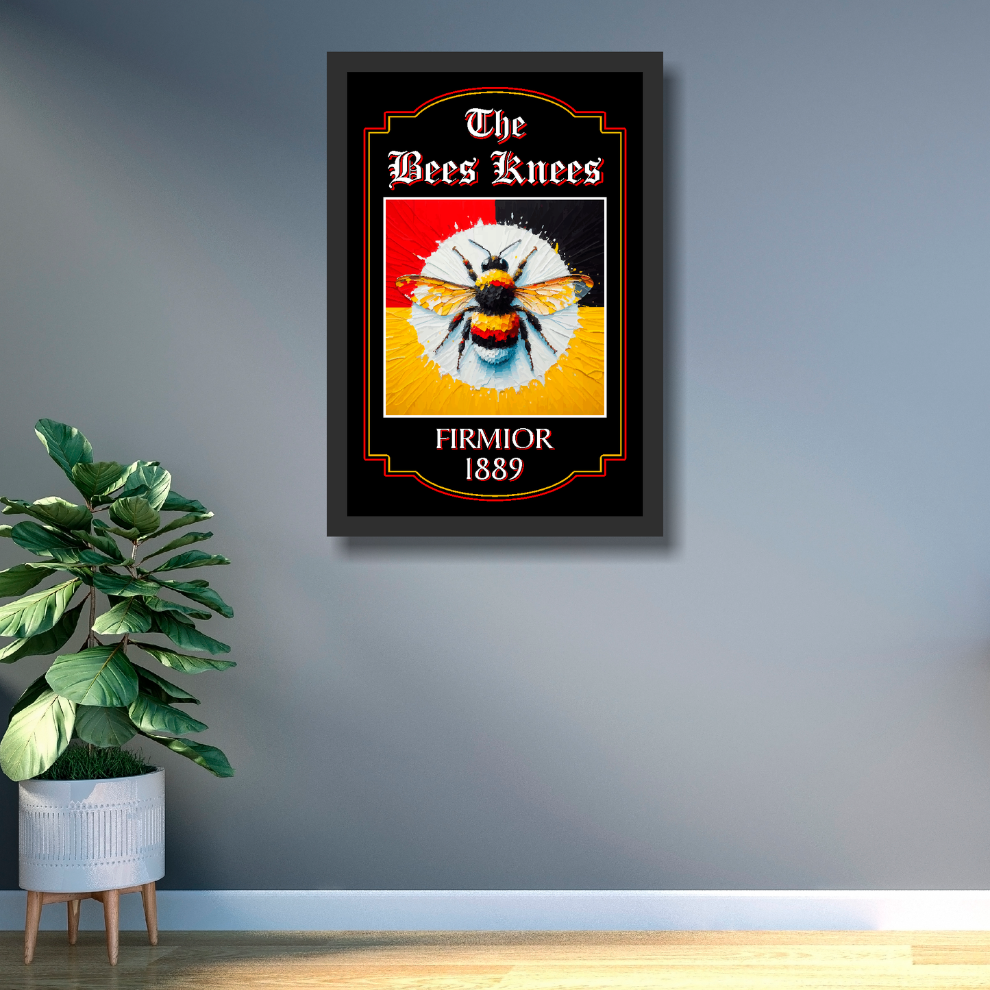 Brentford FC inspired black framed pub sign 'The Bees Knees' with a colourful bee and text in a modern lounge setting